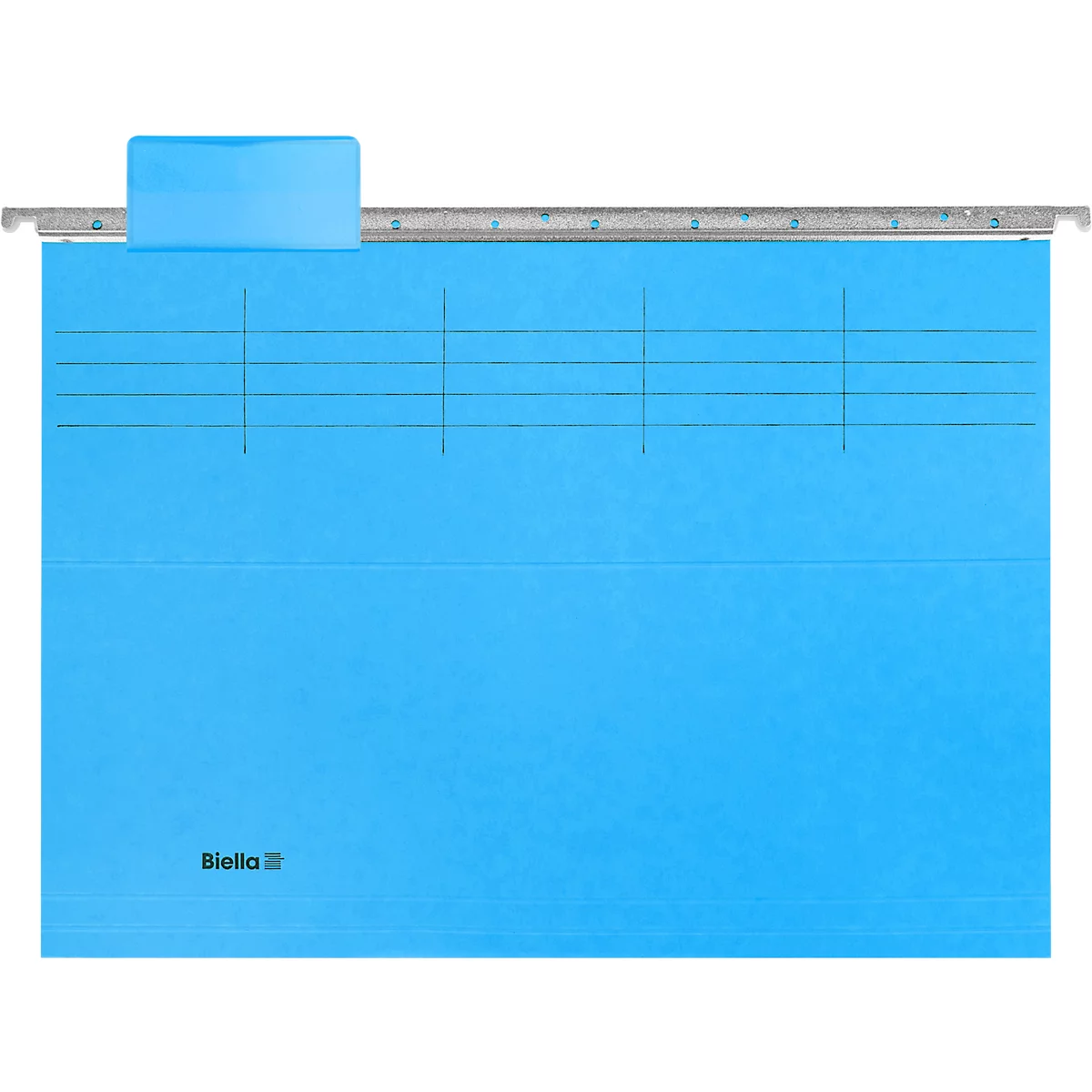 Light blue hanging file with a metal rail. Black lines are visible on the folder. A white logo can be seen in the bottom left.