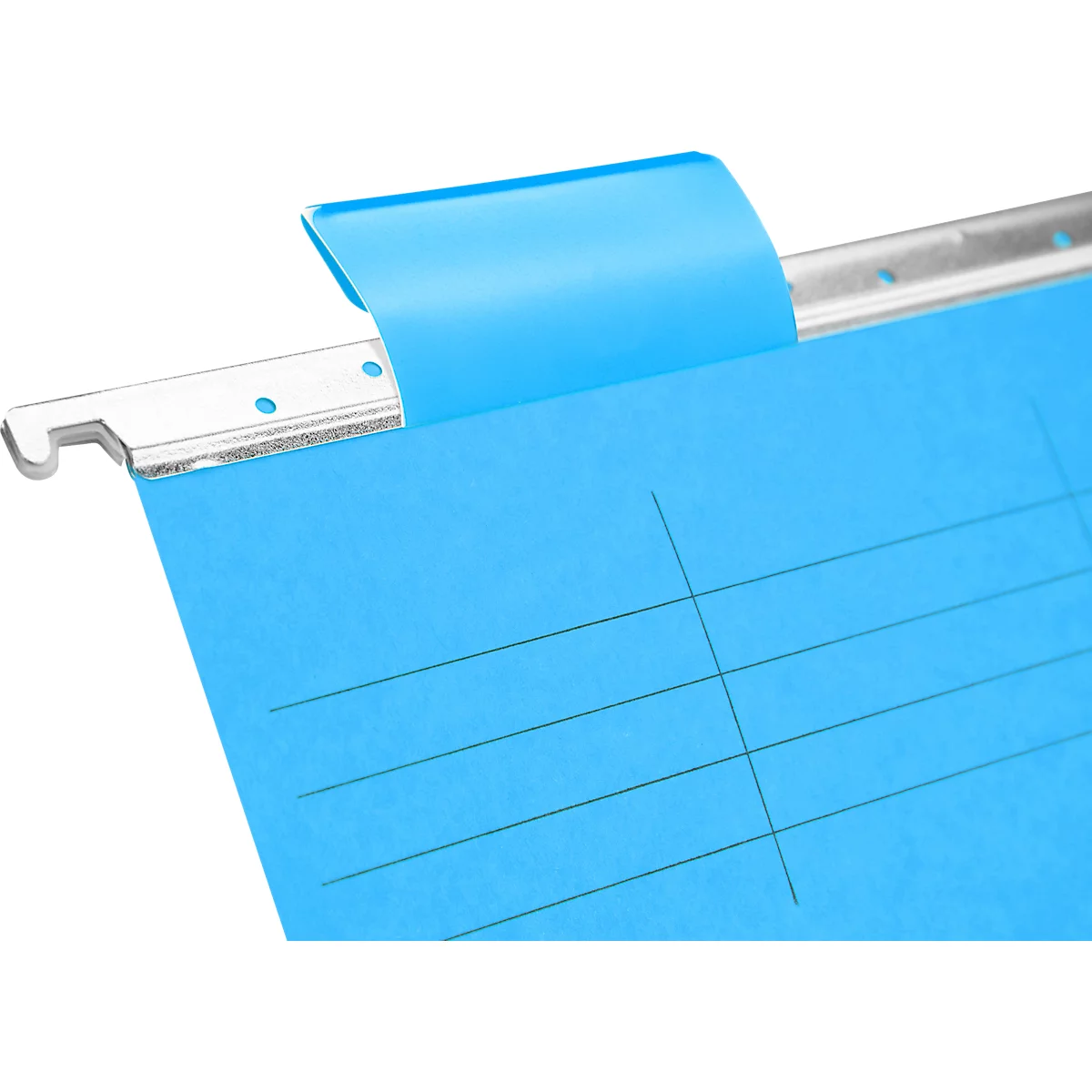 Light blue hanging file folder with metal bracket. Black lines on the paper. The metal holder is tilted with the hook to the left.