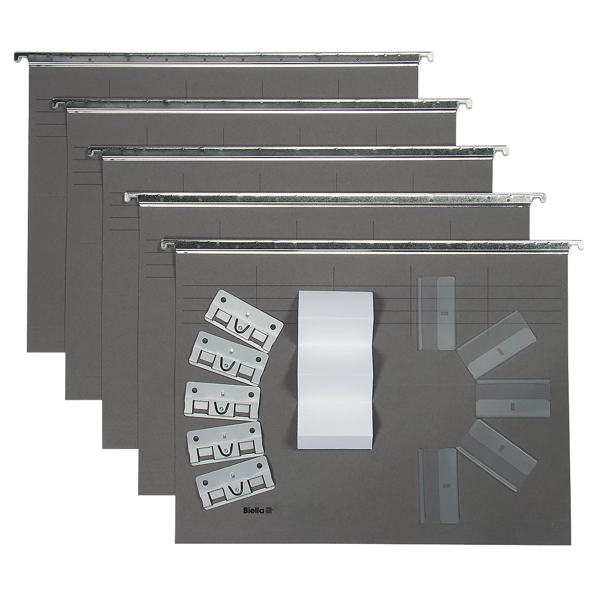 Grey hanging files with accessories, including labels, binding strips, and holders.