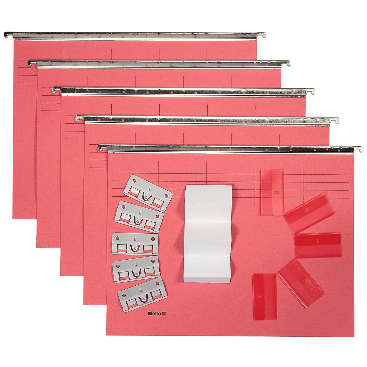 Hanging folders, red index cards, labels and accessories. The image shows a set of index cards with hanging rails.