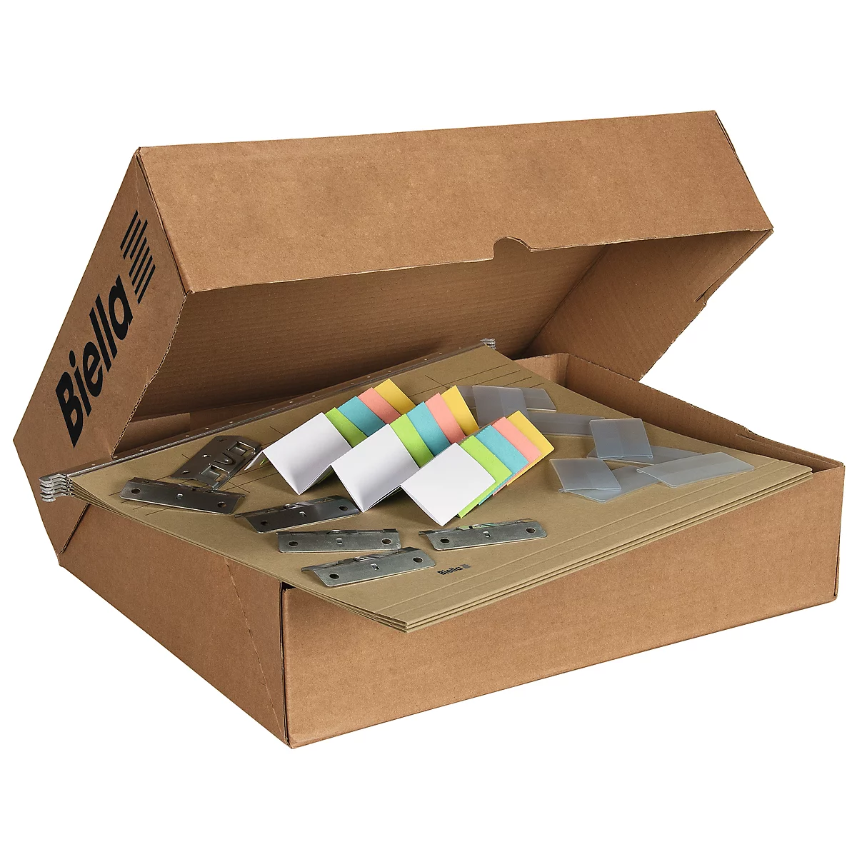 An open brown cardboard box with paper clips, sticky notes and metal parts. Printed lettering: Biella.