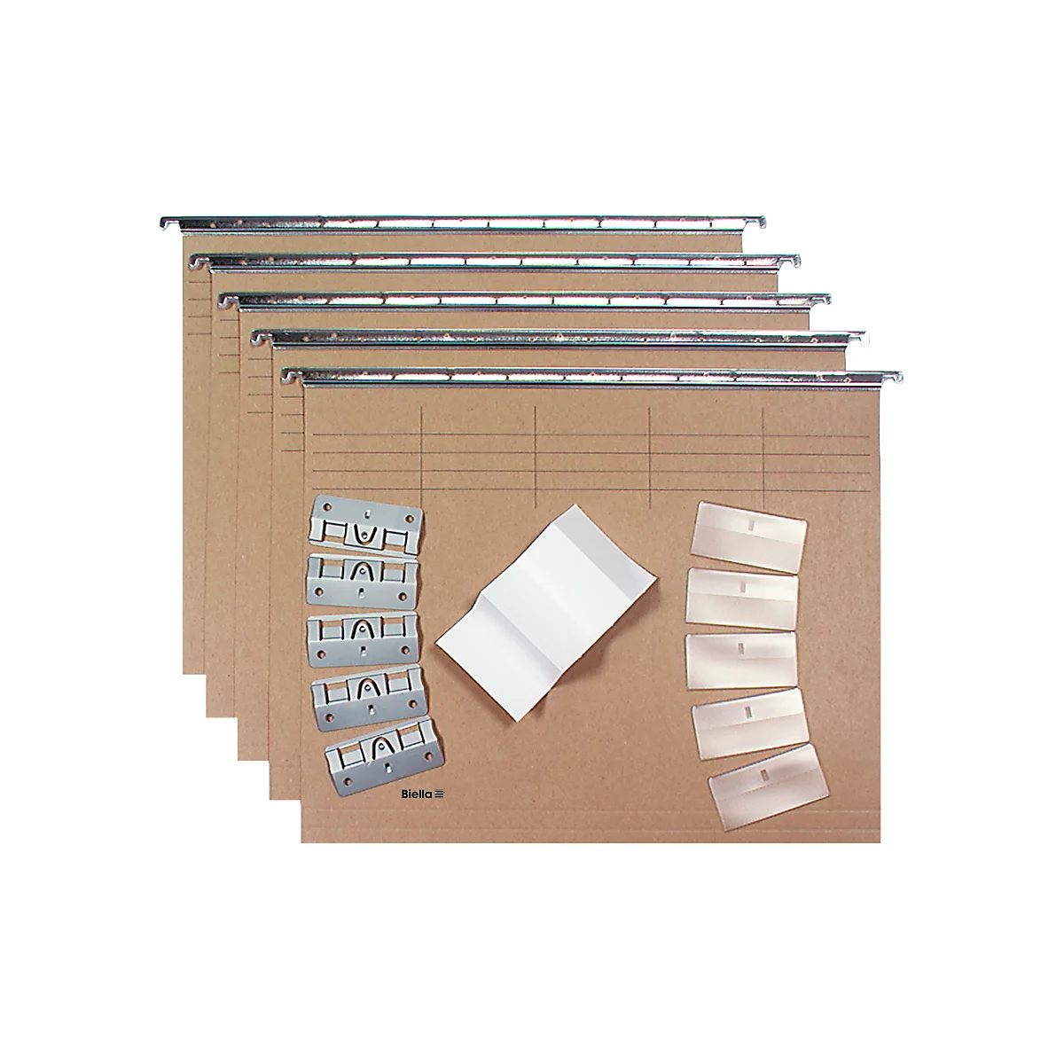Several brown hanging folders with metal hanging rails and accessories like labels and brackets.