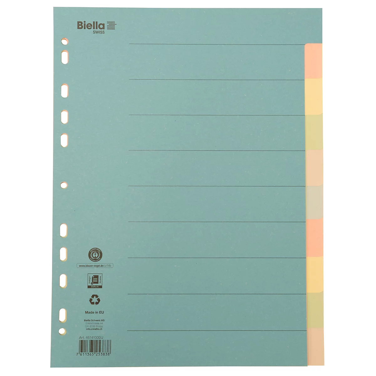 Light blue file divider with holes. Colored dividers on the right. Text lines and "Biella" are on the sheet.