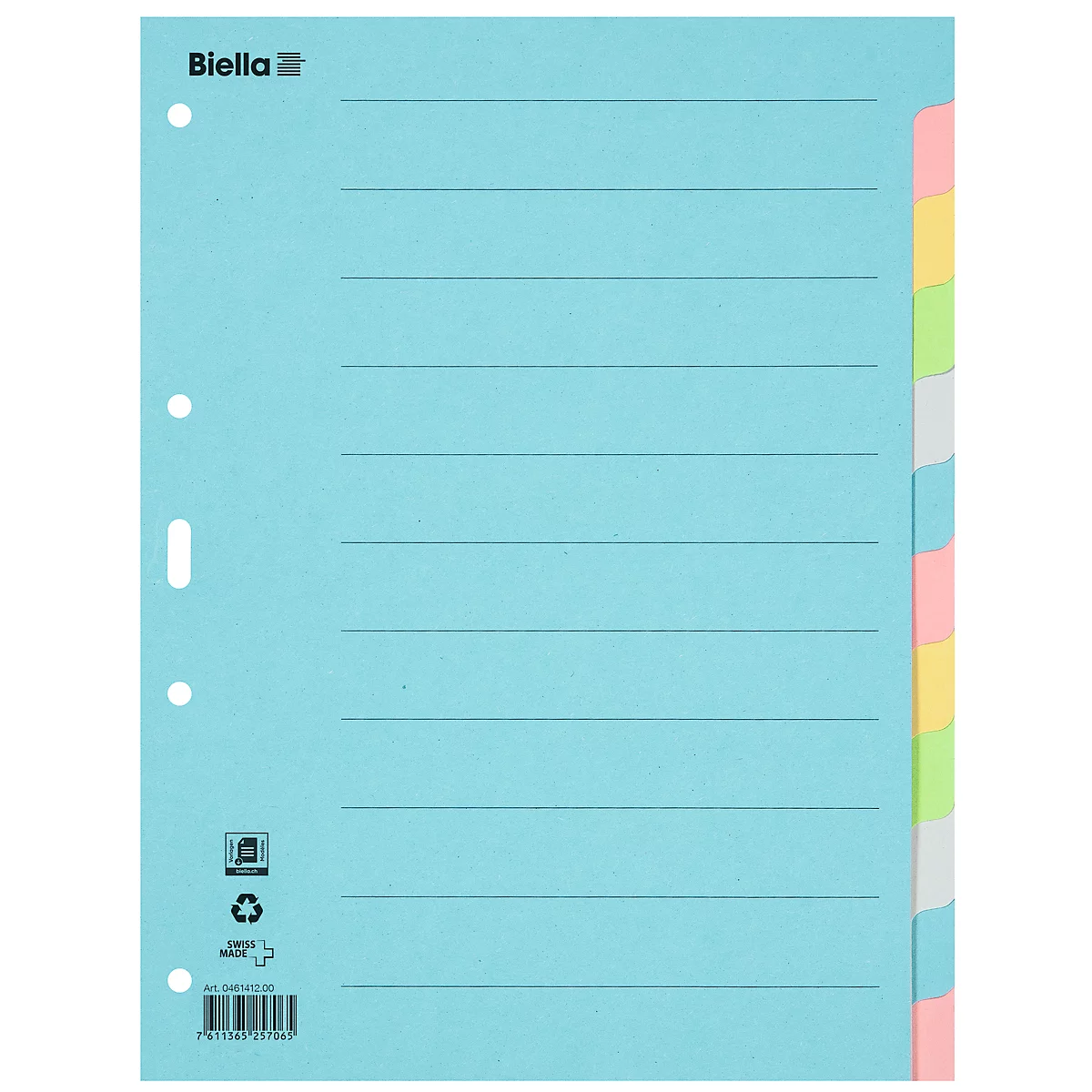 Light blue filing sheet with holes, lined pages, and colored tabs. The brand name "Biella" is visible at the top left.