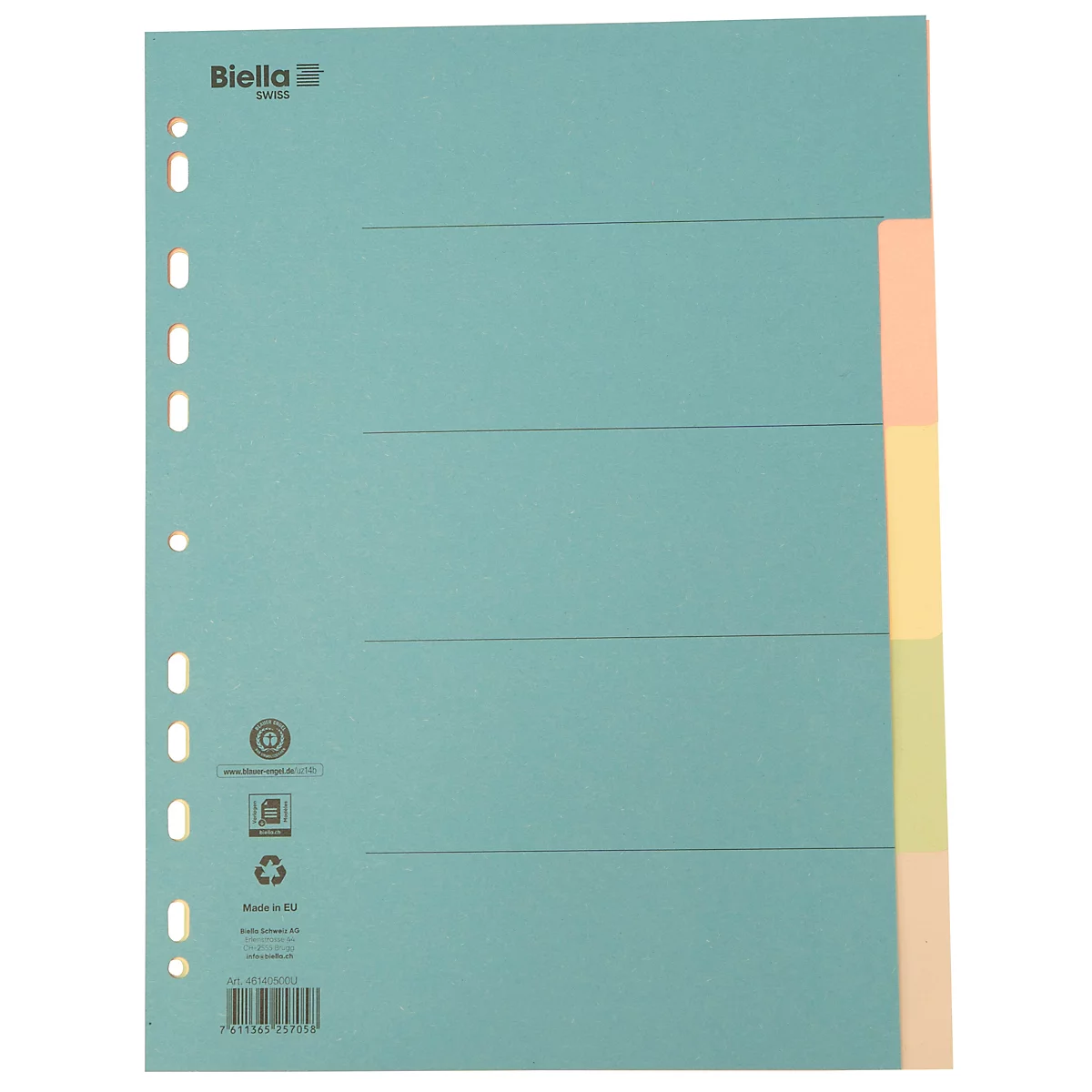Light blue register sheet with holes and colored tabs. "Biella" is written on the left.