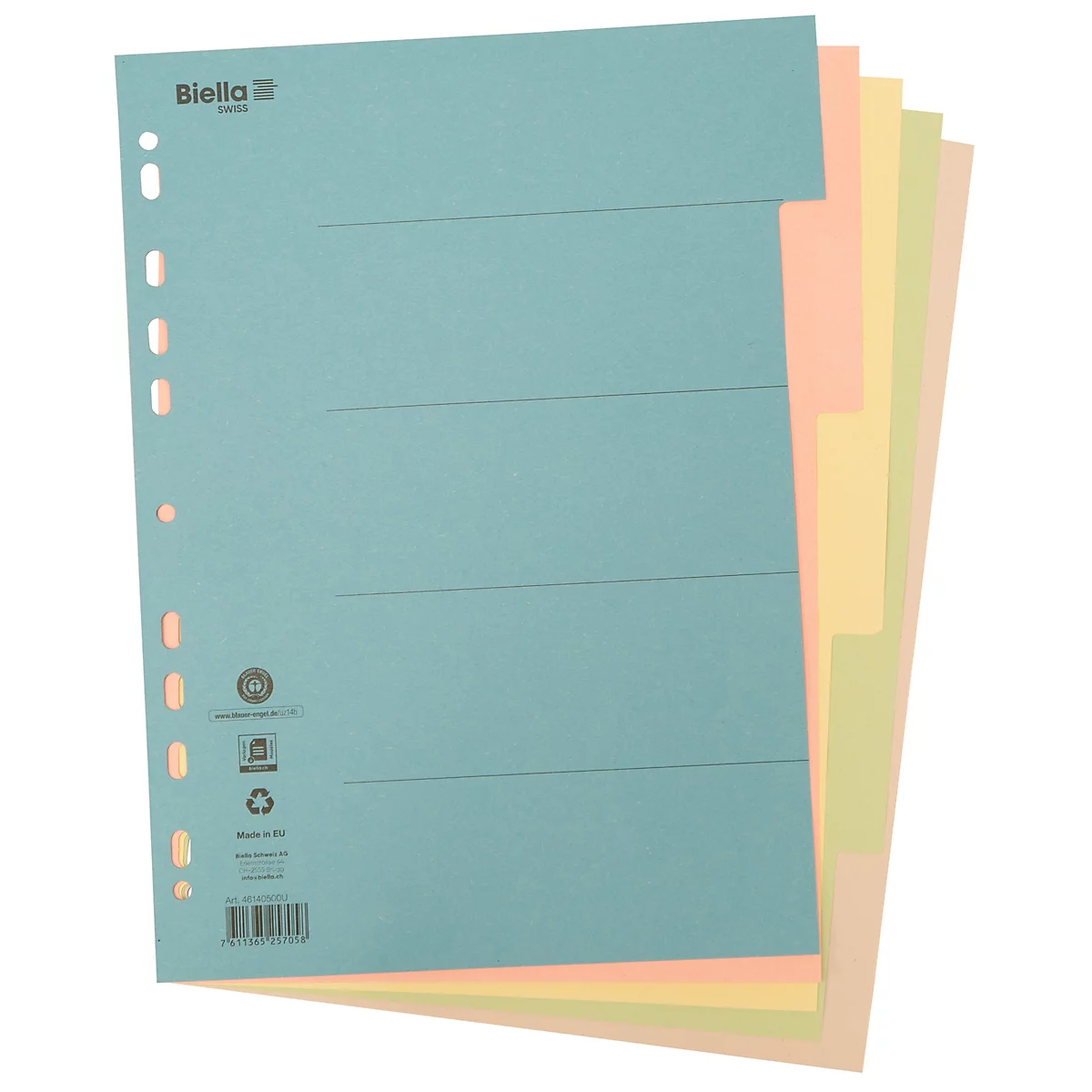Bright turquoise file dividers with colored tabs, punched and lined. Logo of Bielle.