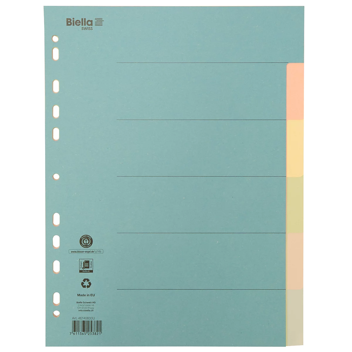 Turquoise Biella divider with colored separators. Biella is written on the top left, below it perforations for filing.