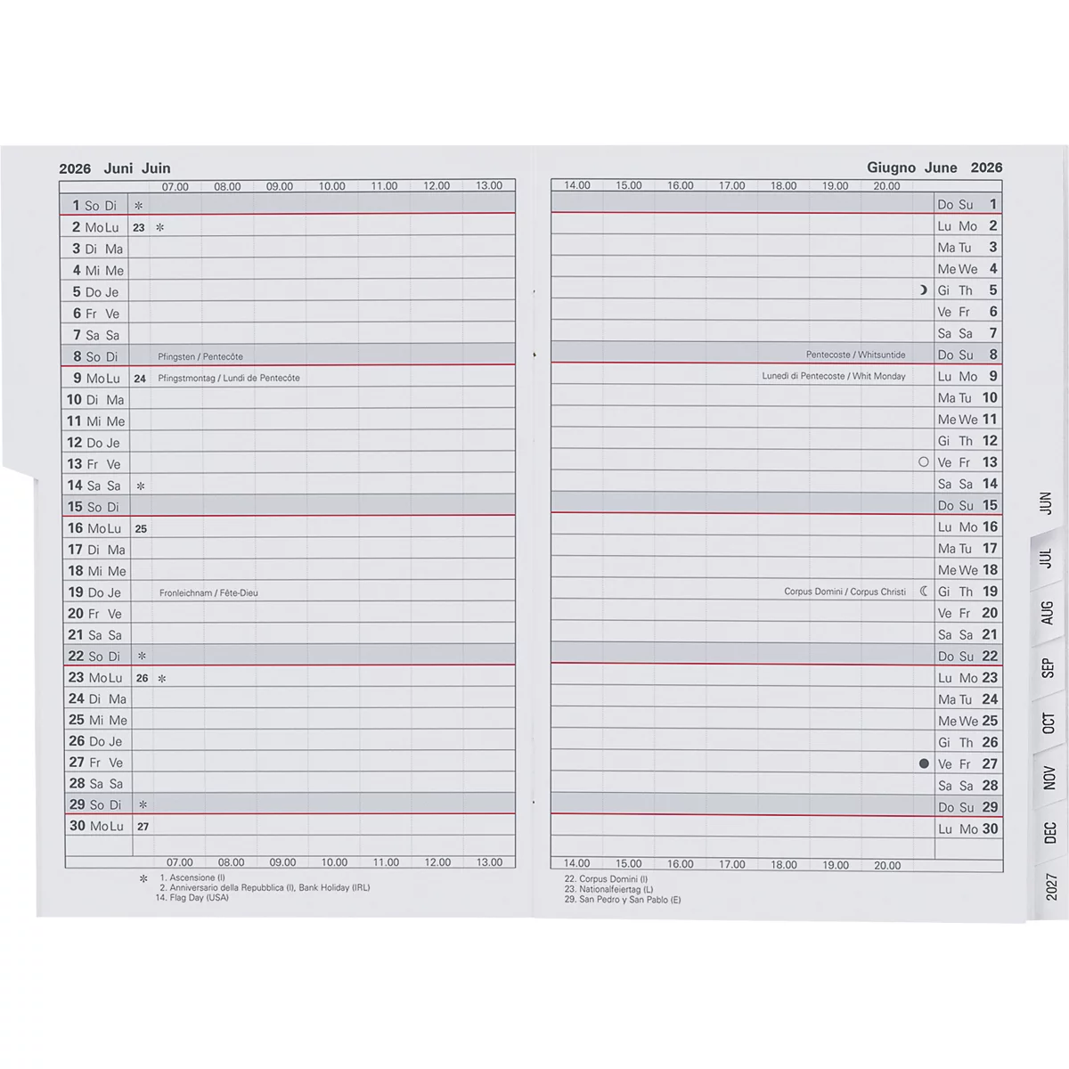 Aufgeschlagenes Notizbuch, Juni 2026. Graue Seiten mit Wochenkalendern, grauen Linien, Überschriften und Datumsangaben.