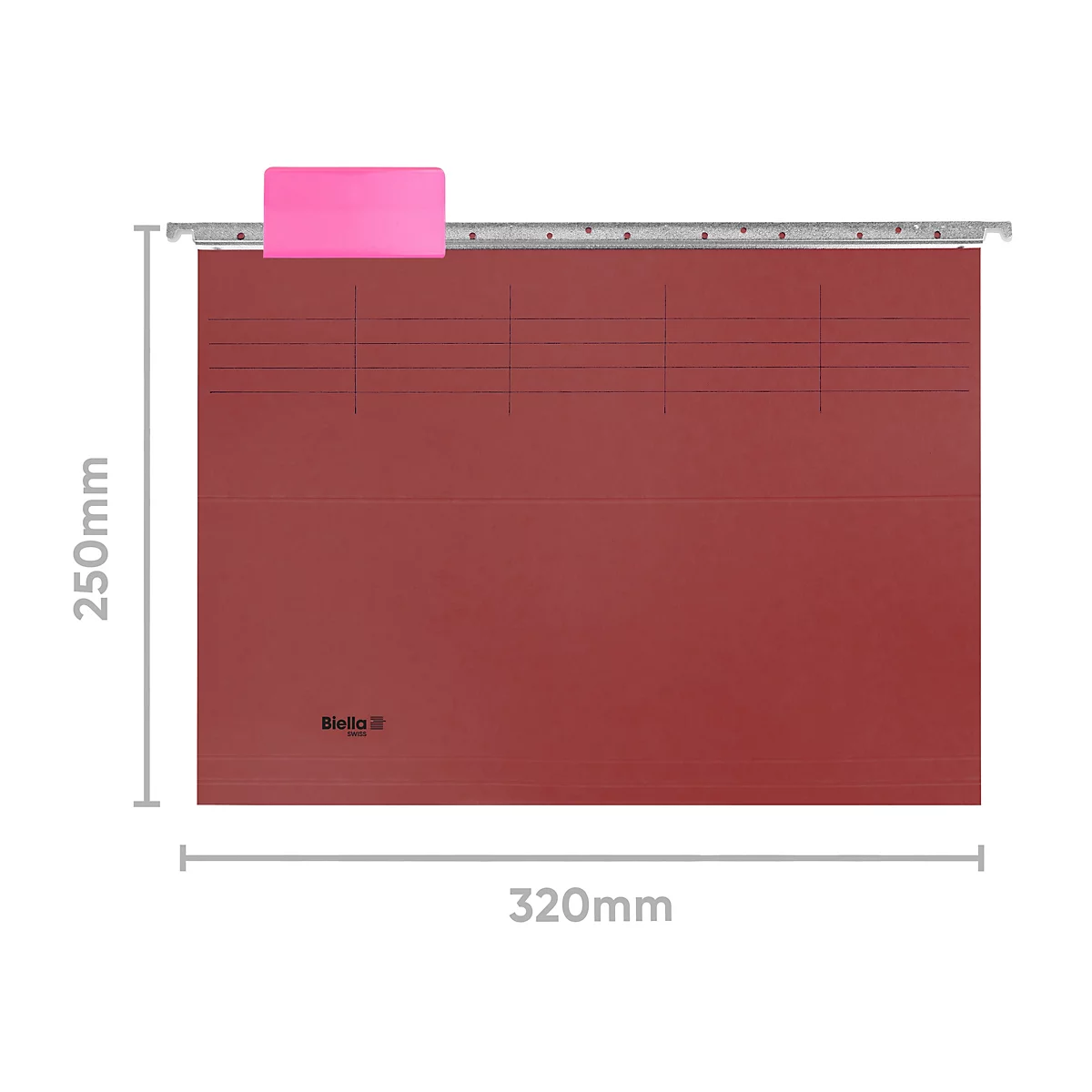 Chemise suspendue rouge avec onglet rose, dimensions indiquées.