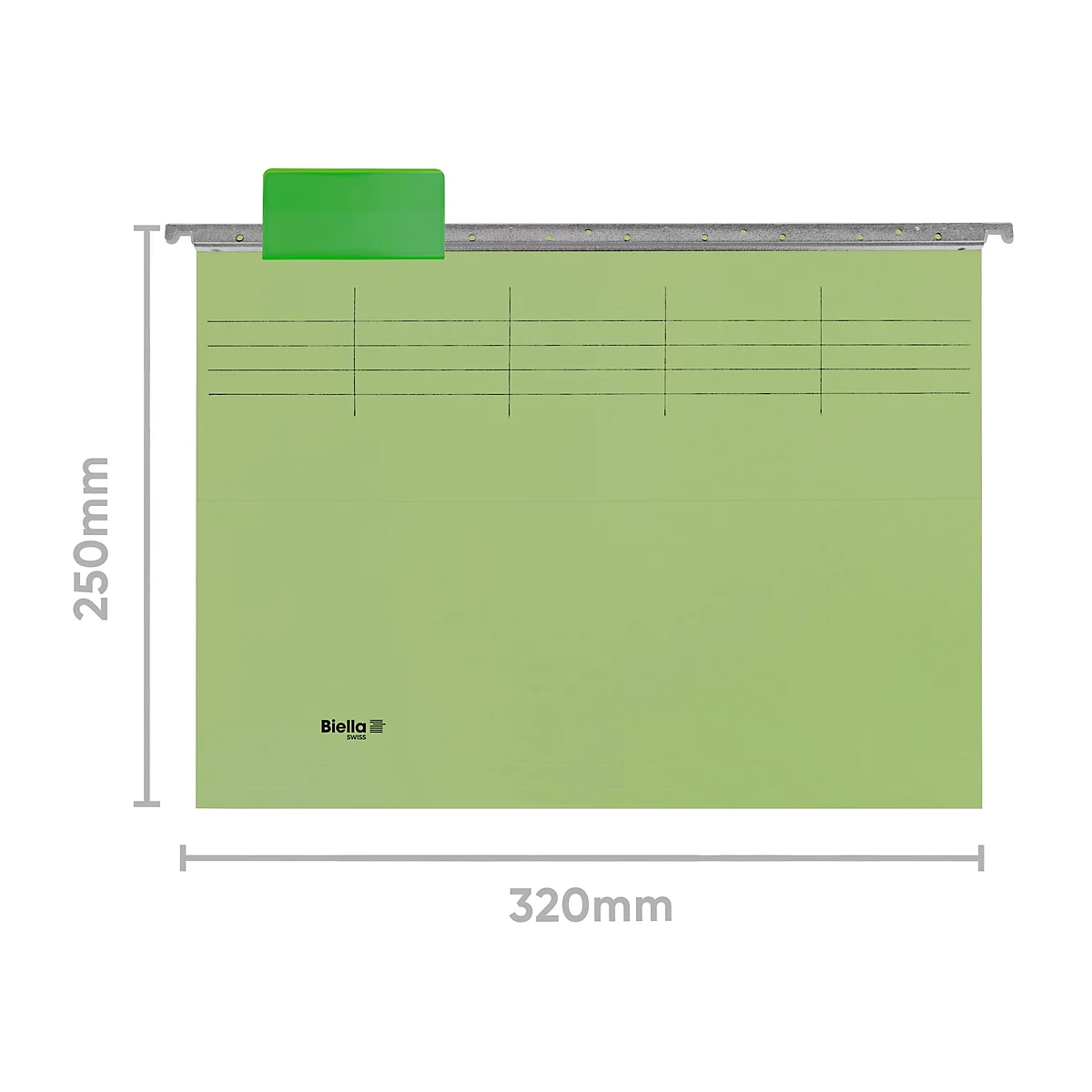 Chemise suspendue vert clair. Une languette verte est en haut, en dessous se trouvent des lignes pour les notes. Dimensions: 250x320mm.