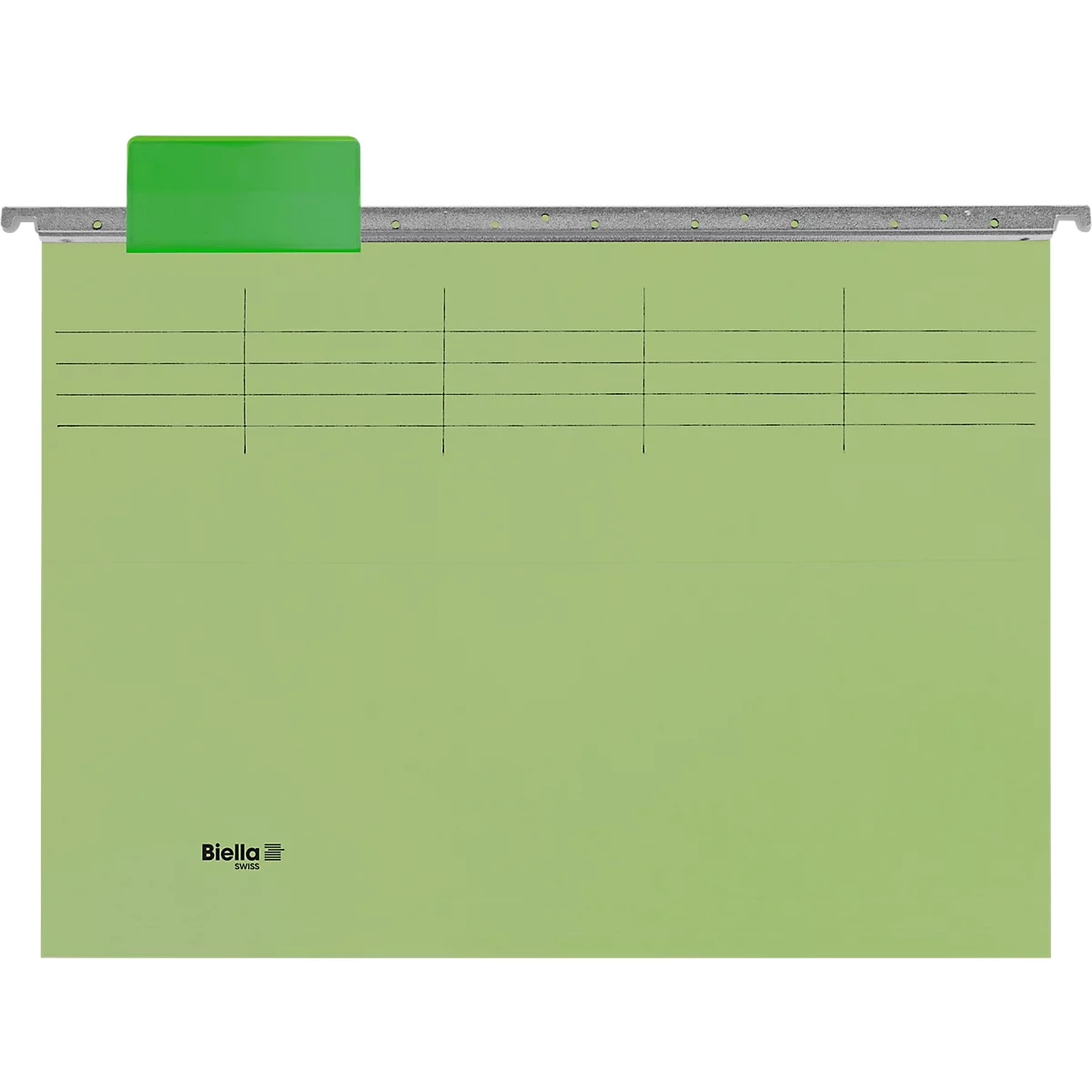 Classeur suspendu vert clair avec onglet d'étiquette vert, rail métallique gris et lignes noires.