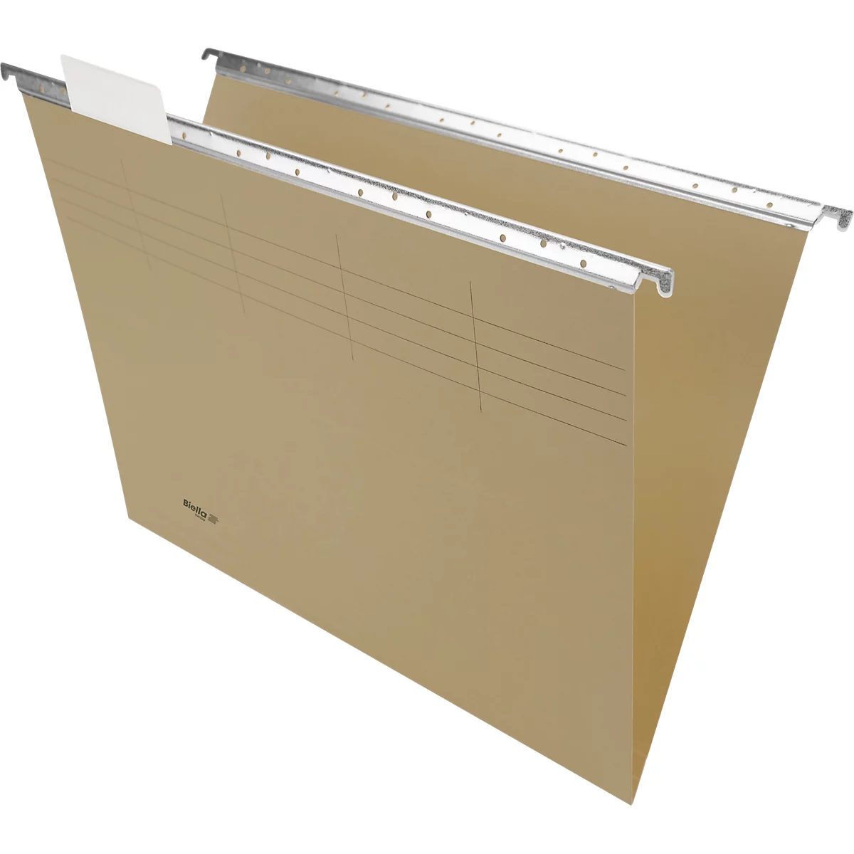 Classeur suspendu en carton brun avec rails métalliques et fines lignes, avec une étiquette blanche.