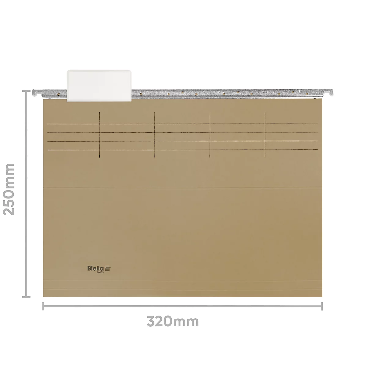 Classeur suspendu avec des dimensions de 250 x 320 mm. Le dossier est marron, avec des lignes noires et une étiquette blanche.