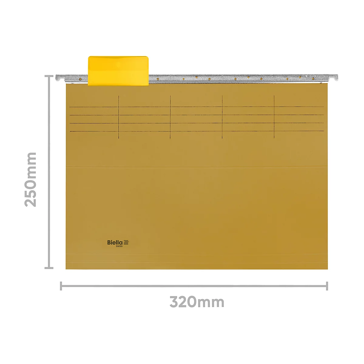 Dossier suspendu avec onglet jaune et rail argenté, marron. Dimensions 250 x 320 mm.