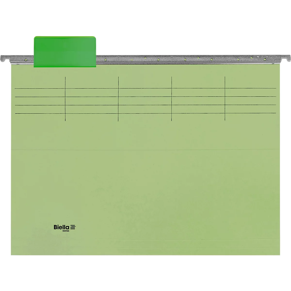 Chemise de classement suspendue vert clair avec onglet d'étiquette vert et lignes noires. Marque "Biella" en bas.