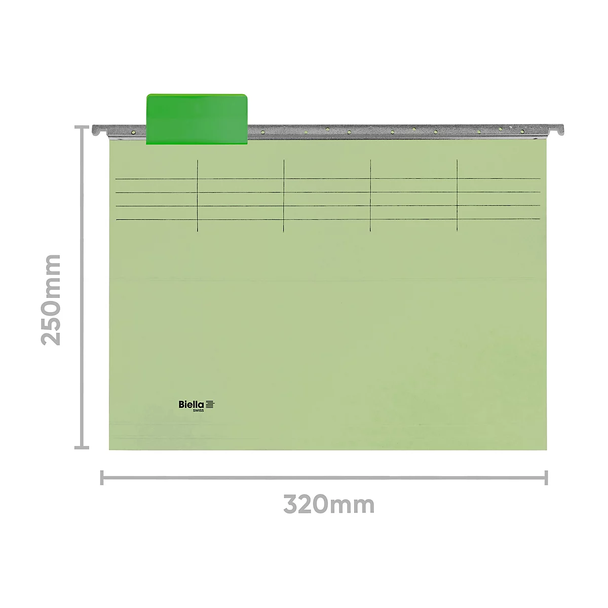 Classeur suspendu vert clair avec onglet vert. Dimensions 250 x 320 mm. L'inscription 'Biella' est en bas.
