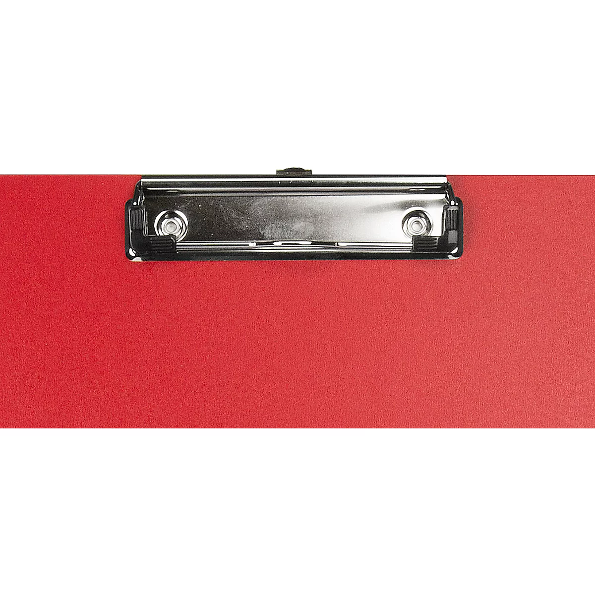 Roter Klemmbrett mit silberner Metallklemme.