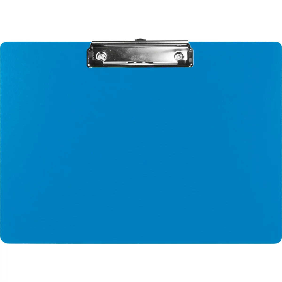 Blaues Klemmbrett mit Metallklemme.