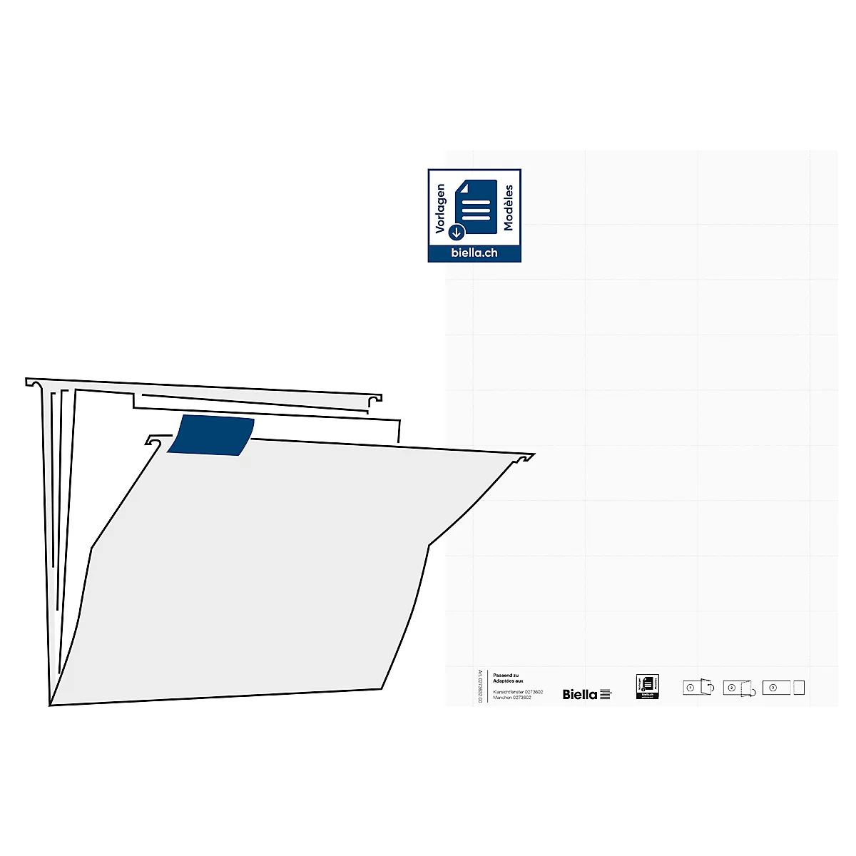 An open gray hanging file with a blue tab and logo.