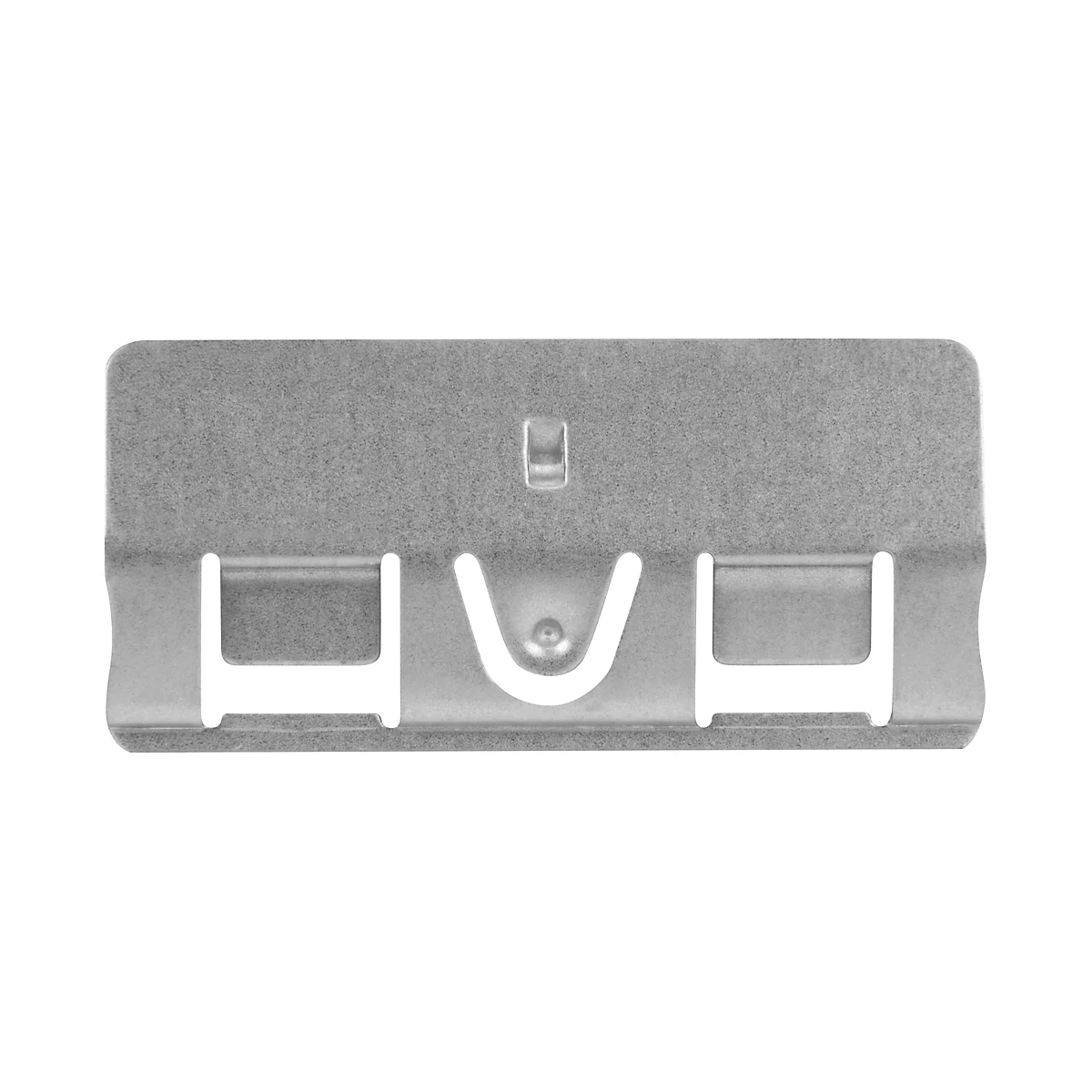 Metal part, rectangular, with cut-out shapes: two rectangular openings, a rounded one, and a small, square recess.