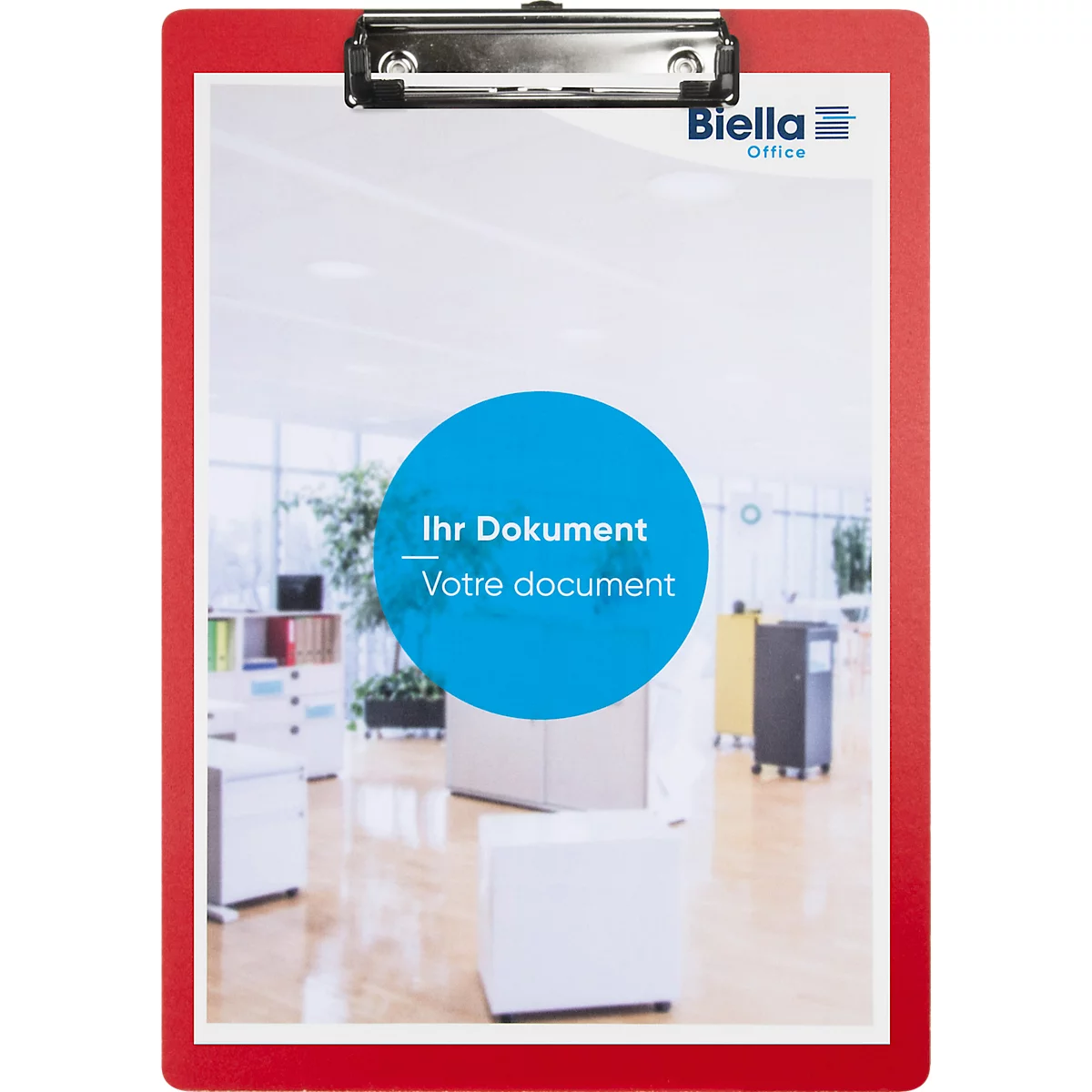 Pince-documents rouge avec cercle bleu, texte "Ihr Dokument - Votre document" devant, bureau en arrière-plan.
