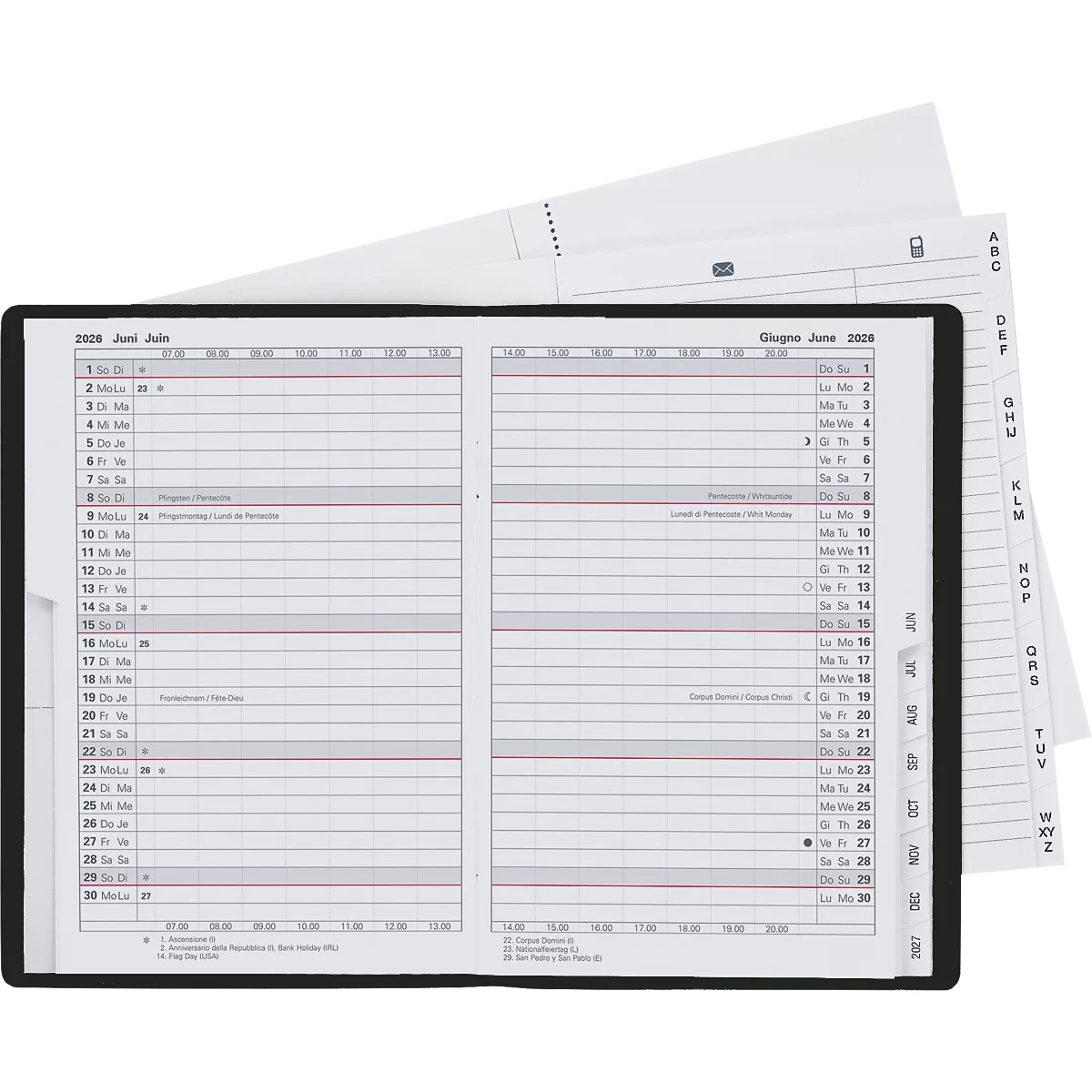 Ein geöffneter Kalender mit schwarzem Rahmen. Kalenderblätter und Registerkarten.