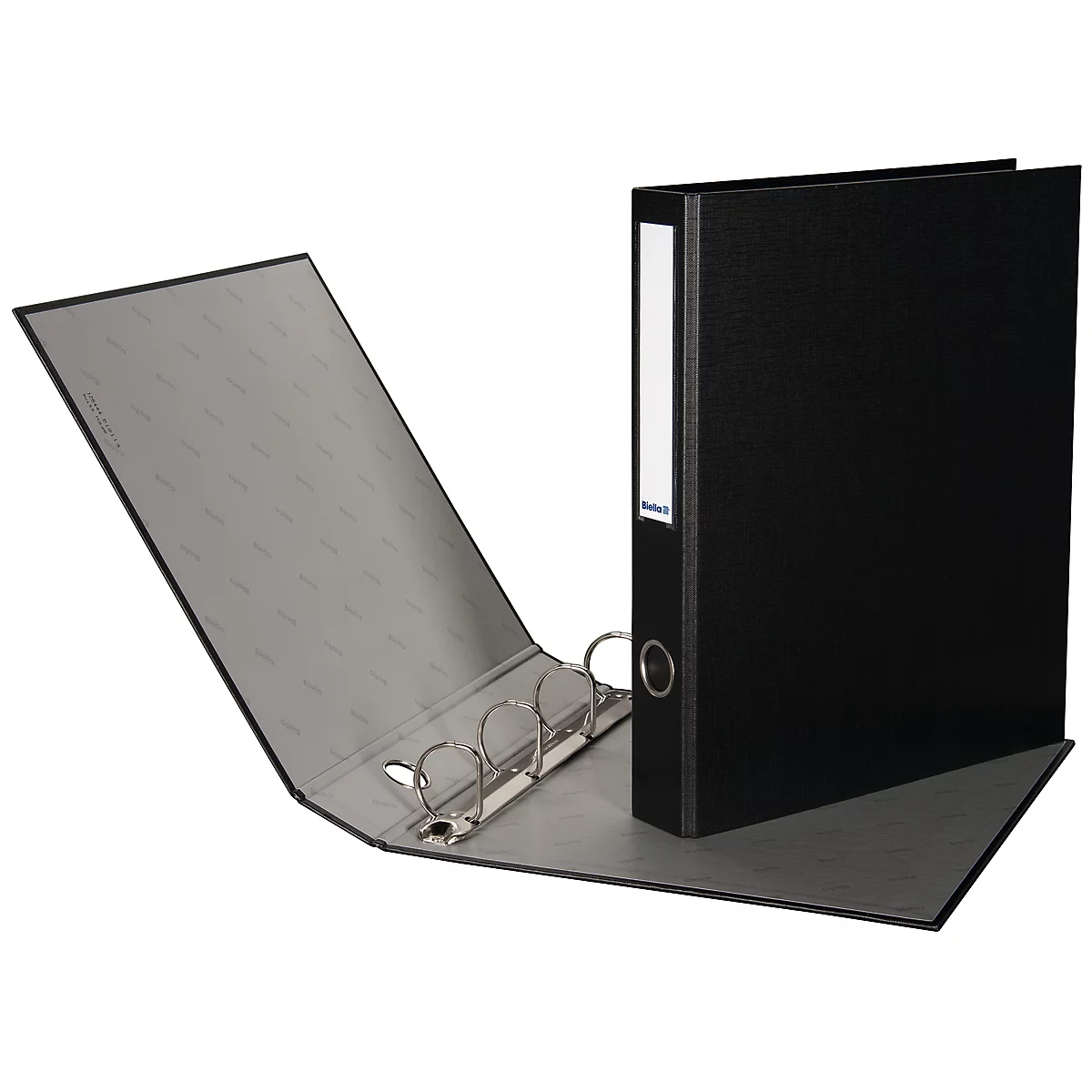 Black file folder, open, on a light background. The left part is unfolded, the right part is standing.
