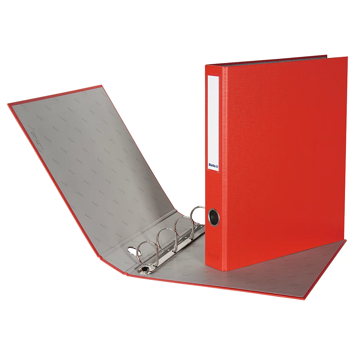 Red file folder, opened, with gray interior and silver ring mechanism, next to a closed file folder.