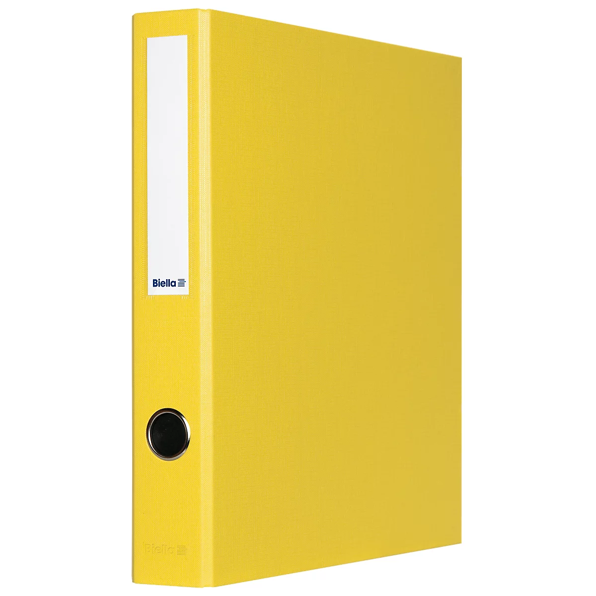 Yellow file folder in portrait format. On the spine is a white label with the brand 'Biello'. The closure is a black metal hole.