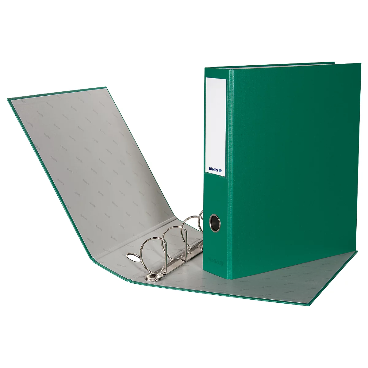 A green binder, open, showing a ring mechanism and a white labeling area.