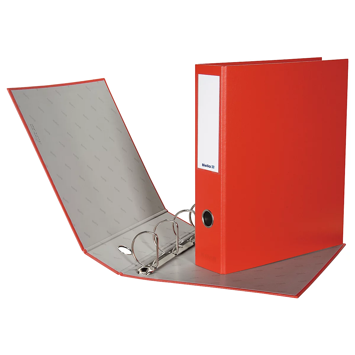 A red binder with opened pages. Gray inside, with metal rings. A white label on the outside.