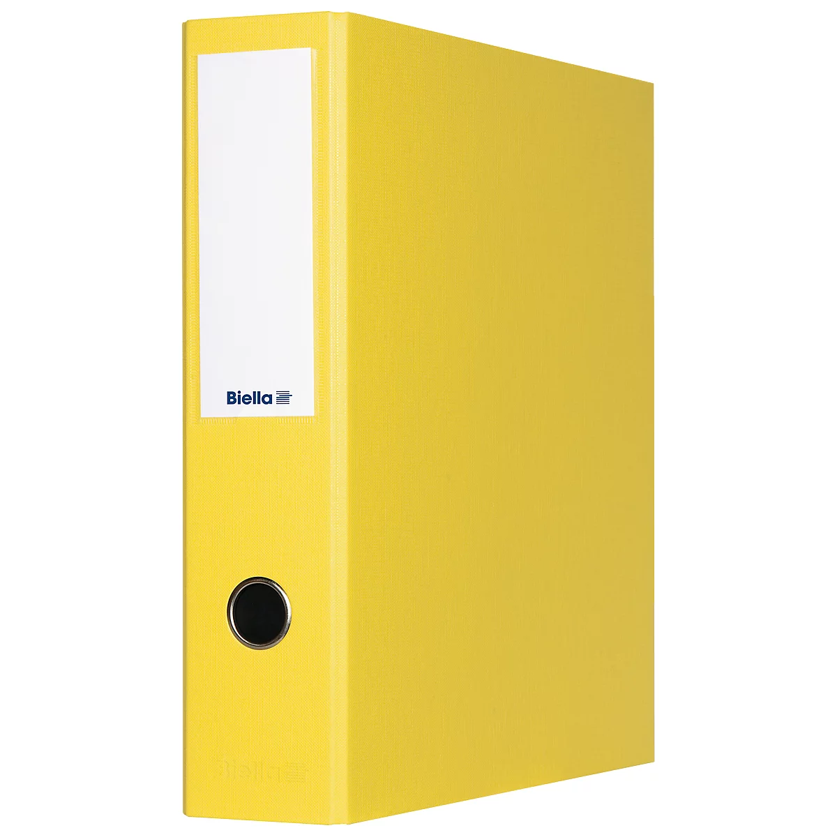 Yellow binder with white label, black hole. The label says "Biella".