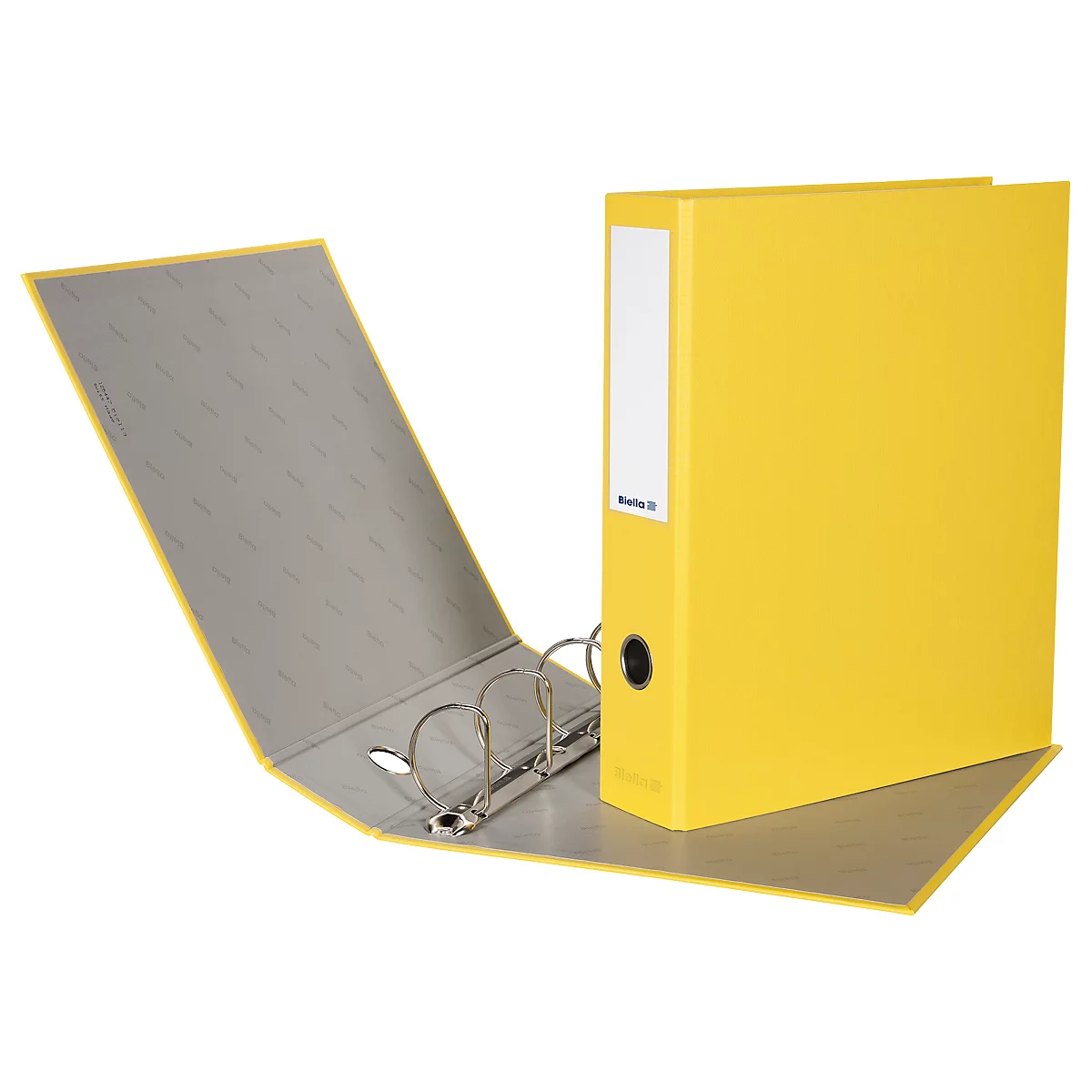 Yellow file folder, open, with silver rings. The spine is labeled.