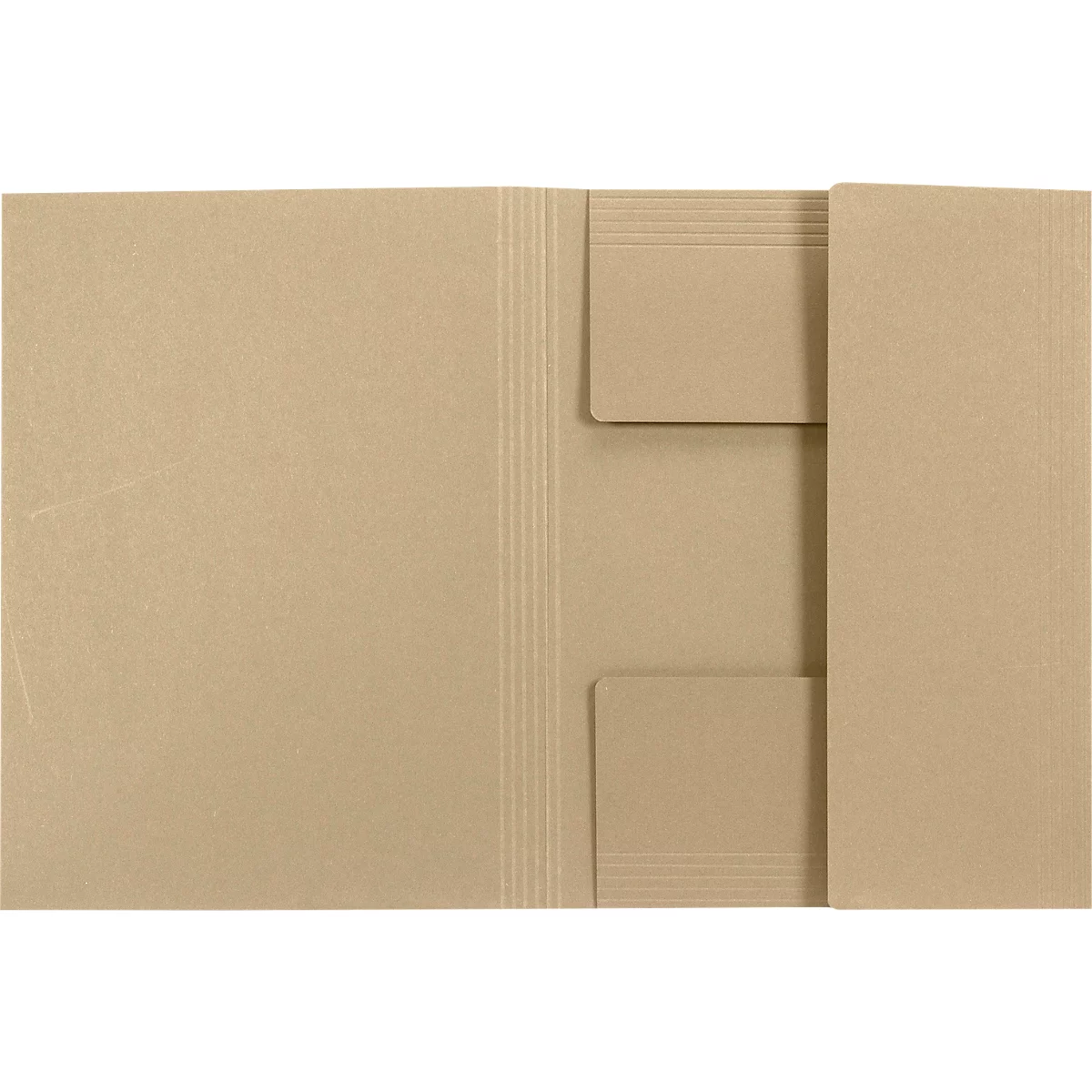 Dossier ouvert marron clair avec deux poches et des rainures verticales.