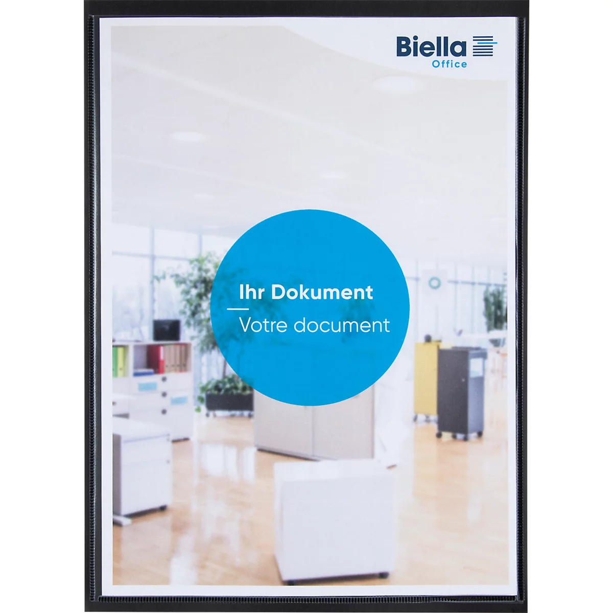 Schwarz gerahmtes Dokument im Büro, blaues Logo mit Schriftzug 'Ihr Dokument' und 'Votre document'. Im Hintergrund Büromöbel.