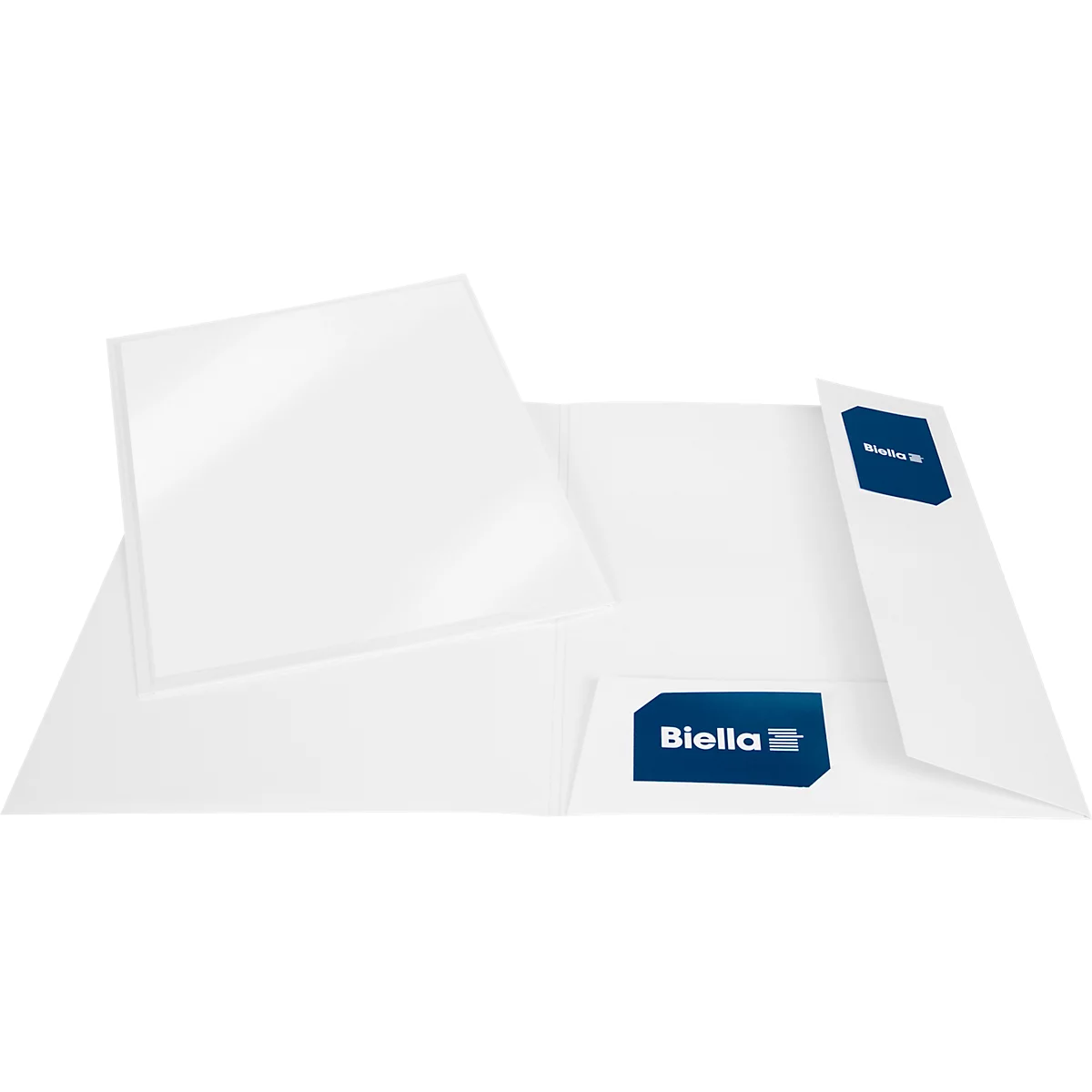 Weisse Mappe mit transparenten Blättern, Blautöne mit Schriftzug 'Biella'.