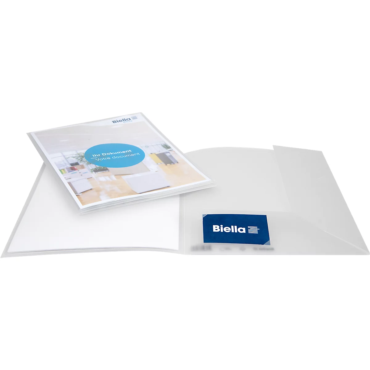Offene, transparente Dokumentenmappe mit einem Flyer und einer blauen Karte. Flyer mit Text und rundem, blauem Overlay.