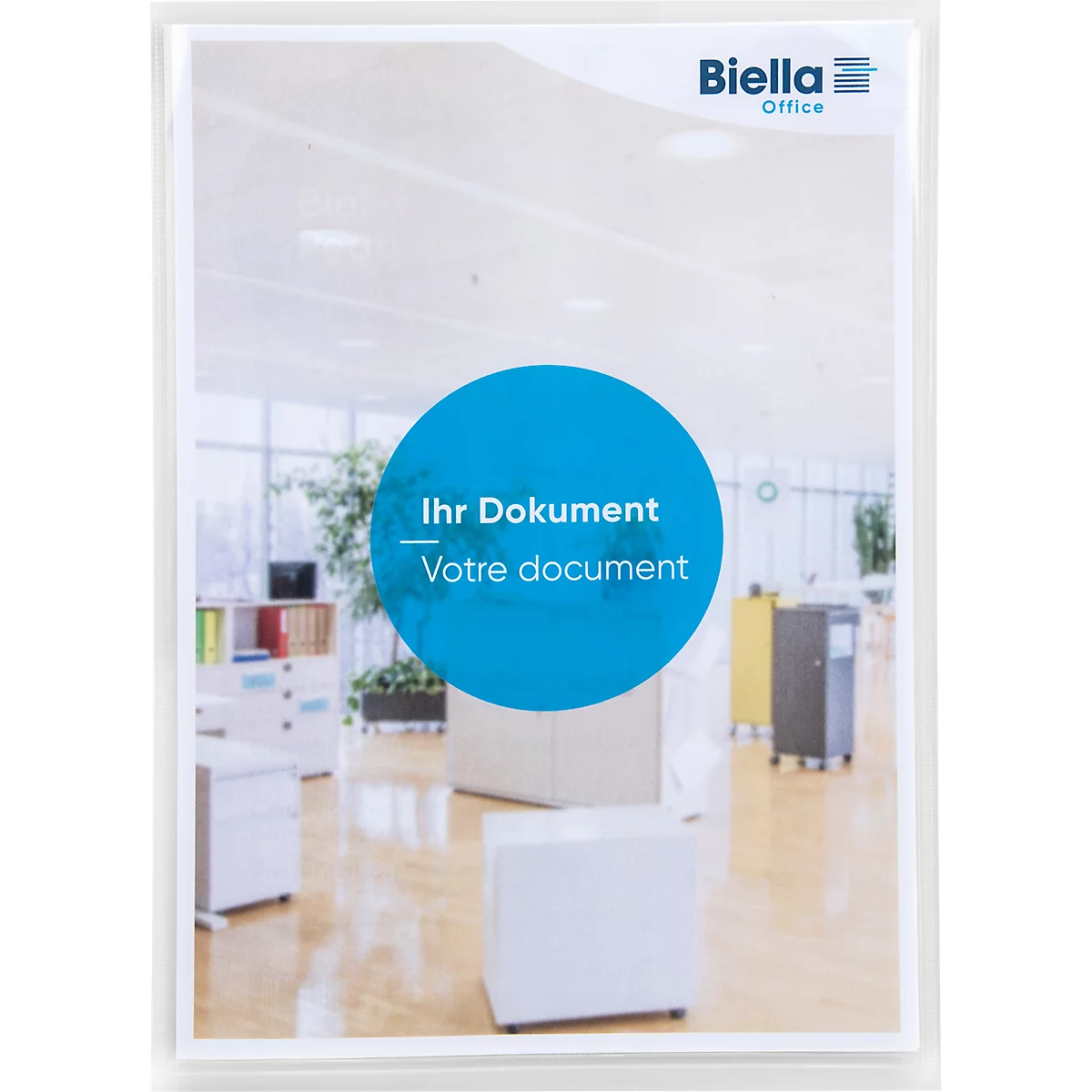 Dokument in einer Klarsichthülle. Blauer Kreis mit „Ihr Dokument/Votre document“ vor Büro. Biella-Logo oben rechts.