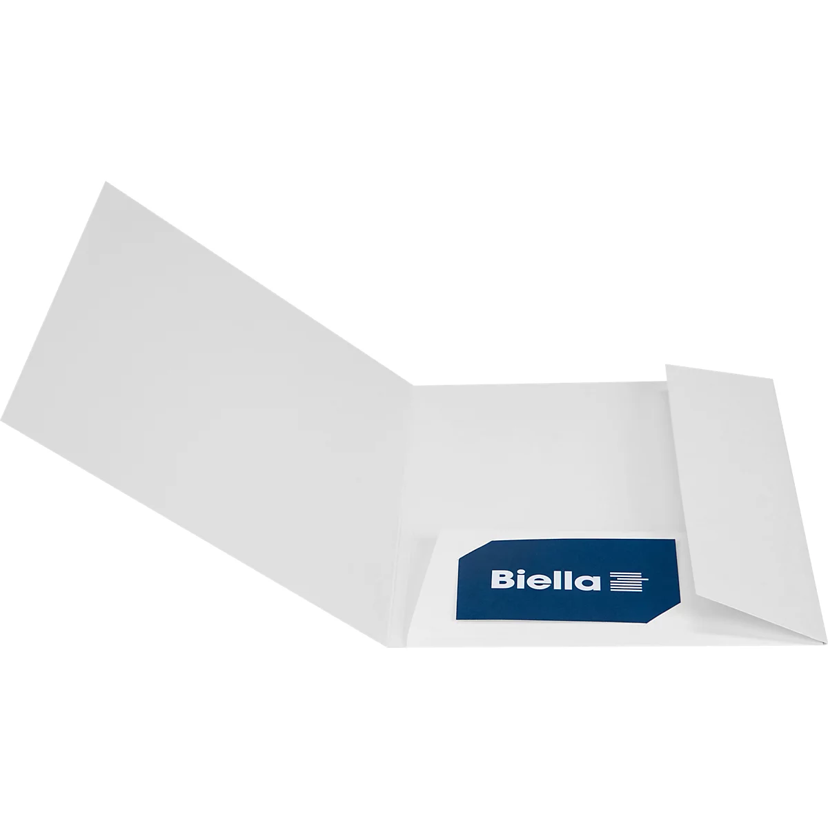 Weisses Ordner-Etui mit blauem Aufkleber. Darauf steht: Biella.