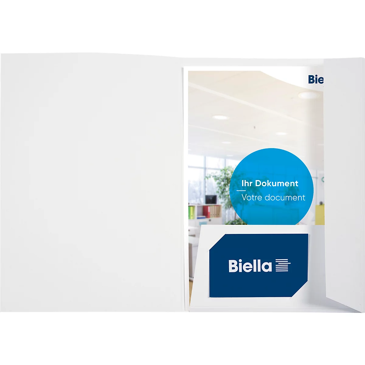 Offene weisse Dokumentenmappe mit blauem Kreis und Text „Ihr Dokument“. Darunter Logo „Biella“.