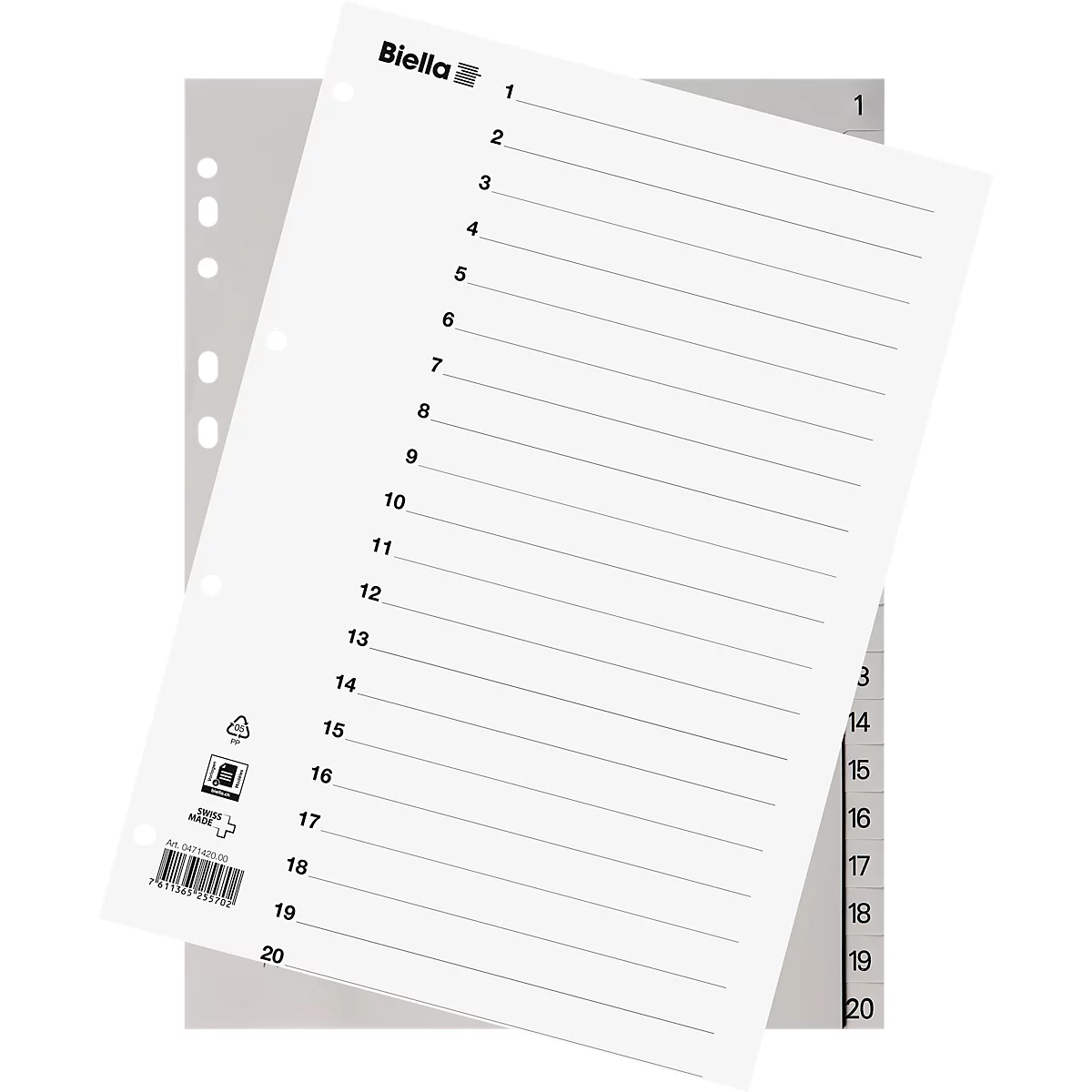 Biella Register, für DIN A4, 20-teilig, numerisch 1-10, nummerierte Taben, Universallochung, Indexdruck, L 296 x B 226 mm, Polypropylen, grau
