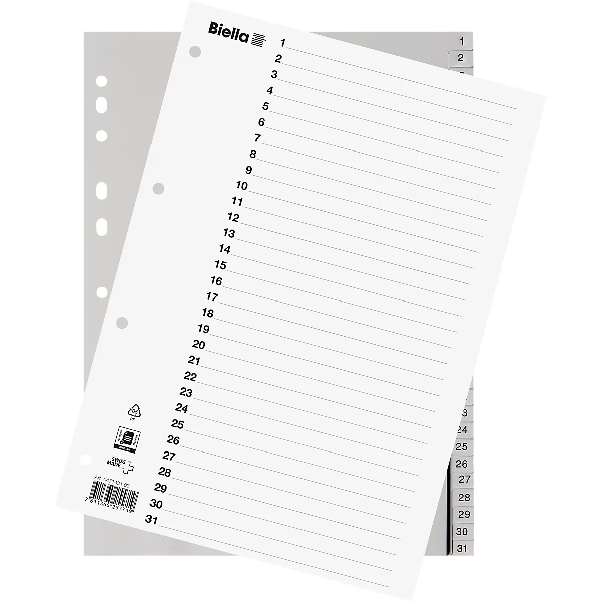 Biella Register, für DIN A4, 31-teilig, numerisch 1-31, nummerierte Taben, Universallochung, Indexdruck, L 296 x B 226 mm, Polypropylen, grau