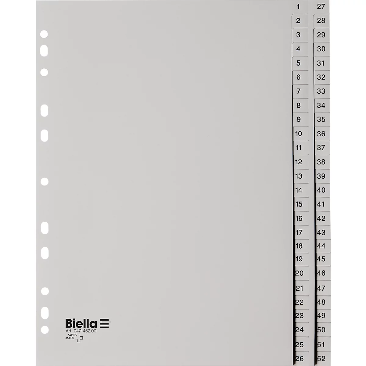Biella Register, für DIN A4, 52-teilig, numerisch 1-52, nummerierte Taben, Universallochung, Indexdruck, L 296 x B 226 mm, Polypropylen, grau