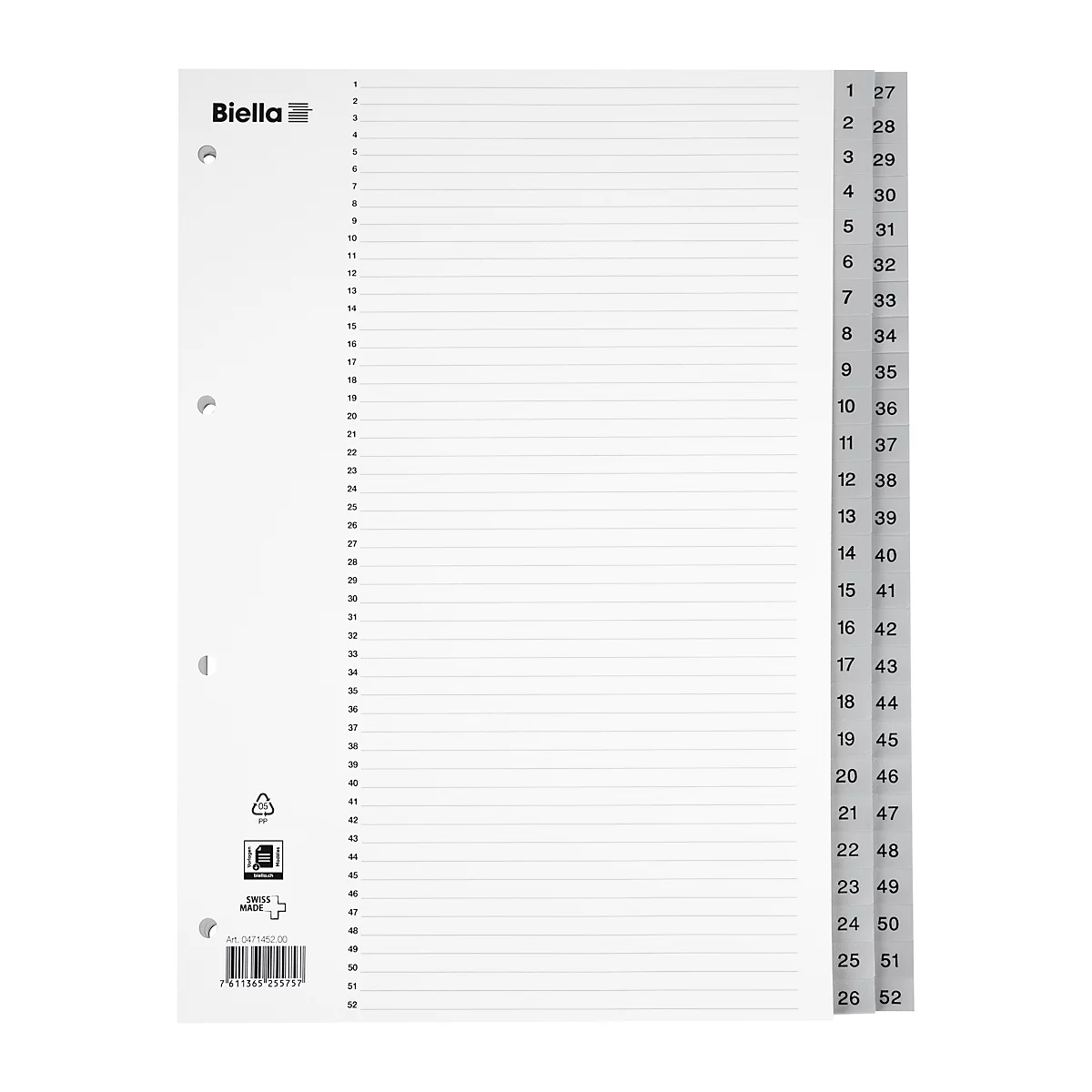 Biella Register, für DIN A4, 52-teilig, numerisch 1-52, nummerierte Taben, Universallochung, Indexdruck, L 296 x B 226 mm, Polypropylen, grau