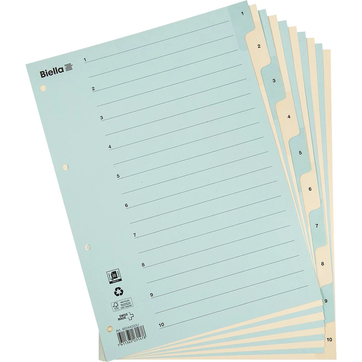 Hellblaue Registerkarten mit Linierung und Zahlen von 1 bis 10. Das Biella Logo befindet sich links oben.