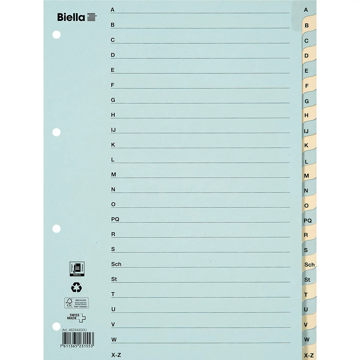 Hellblaues Register mit Buchstaben von A bis Z. Oben links steht Biella. Links sind drei Löcher.