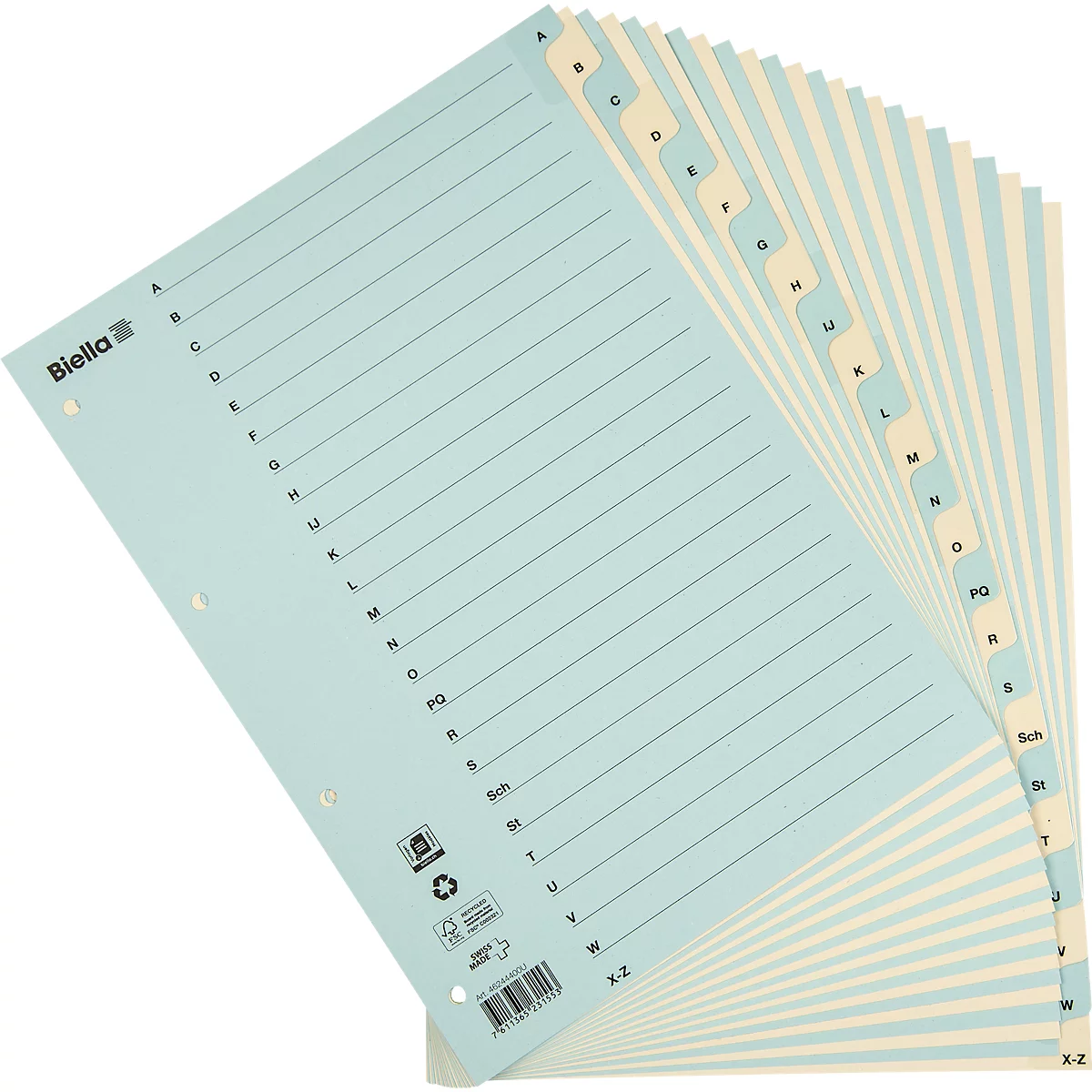 Hellblaue Registerkarten mit Buchstaben. Die einzelnen Seiten sind gestreift.