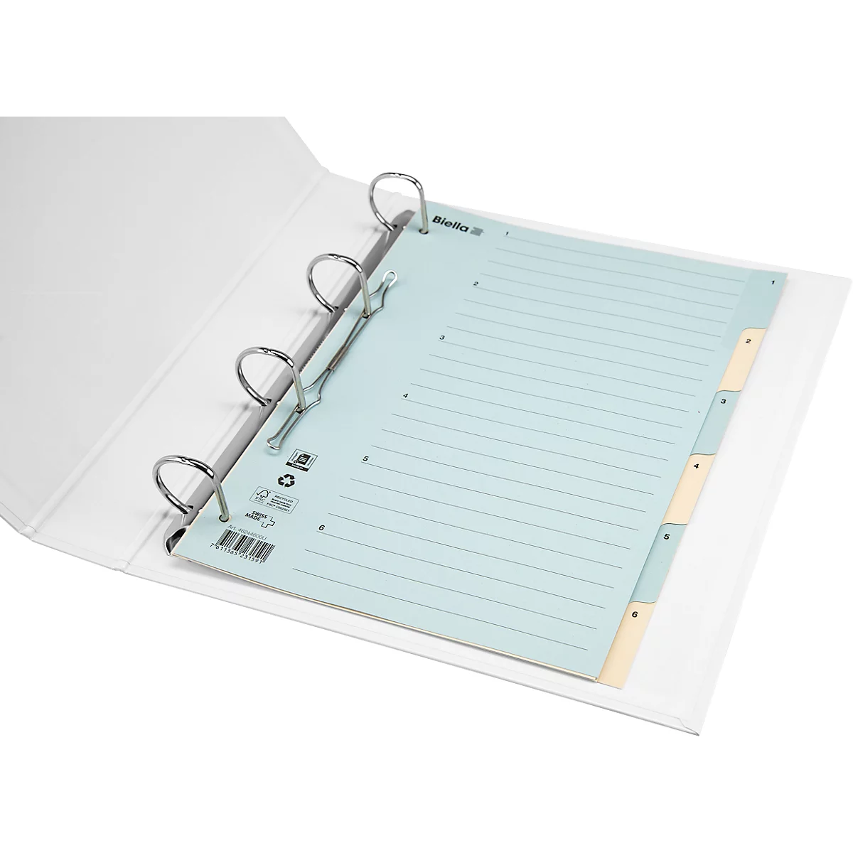 Weisser Ordner, offen, mit blauem Papier und Registerkarten.