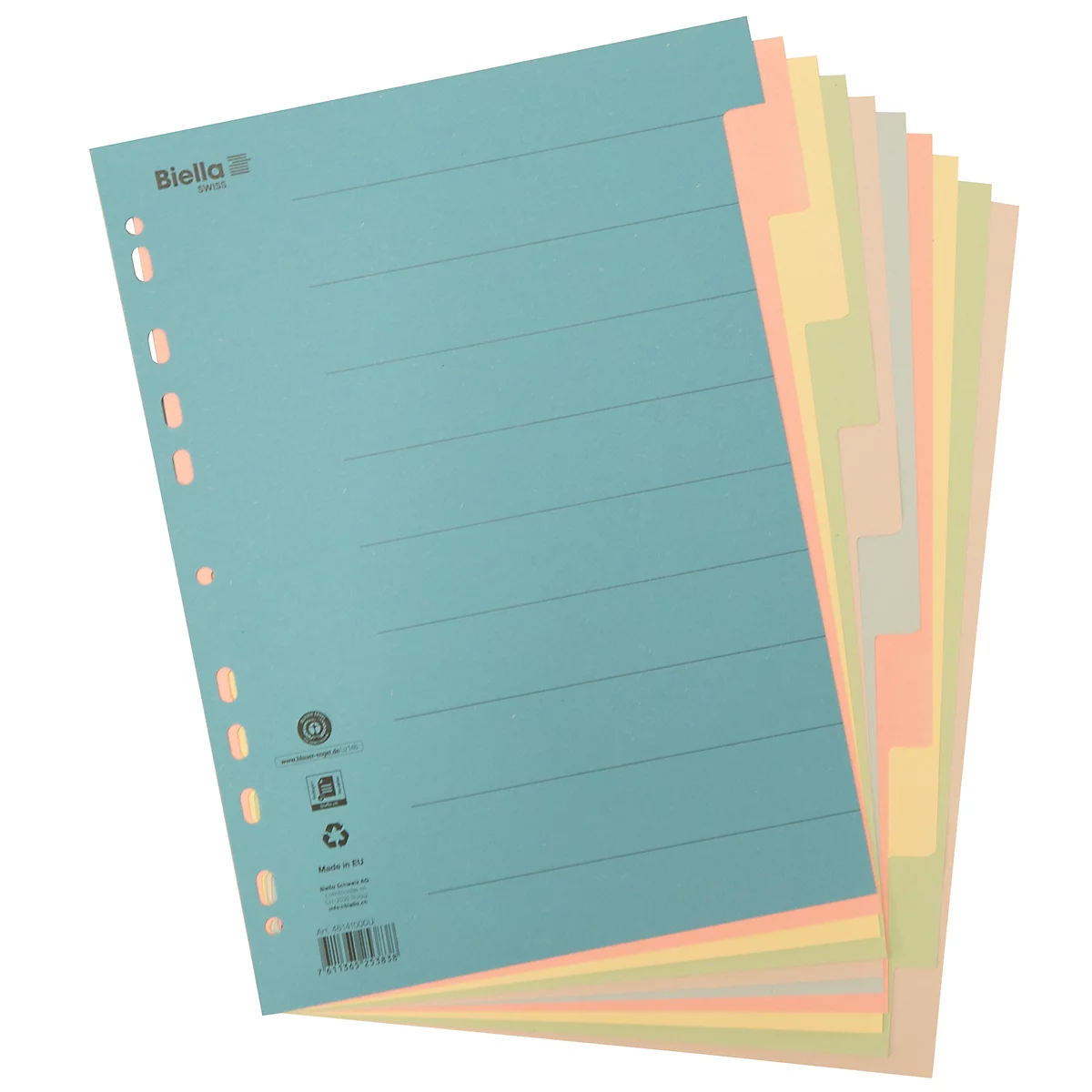 Hellblaues Register mit Lochung, daneben bunte, farbige Registerblätter.