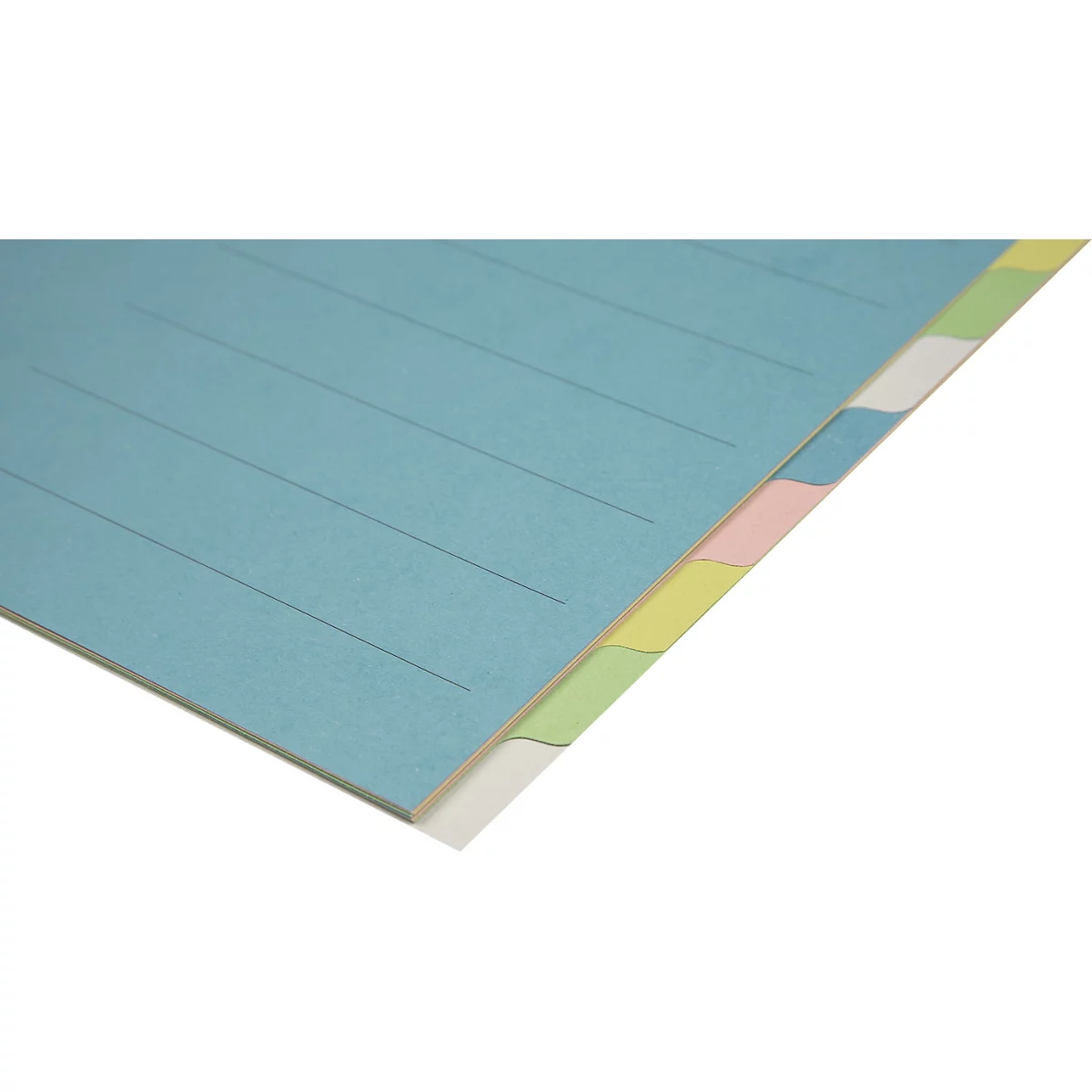 Hellblaues Notizbuch mit farbigen Laschen. Linien auf den Seiten, die überstehen.